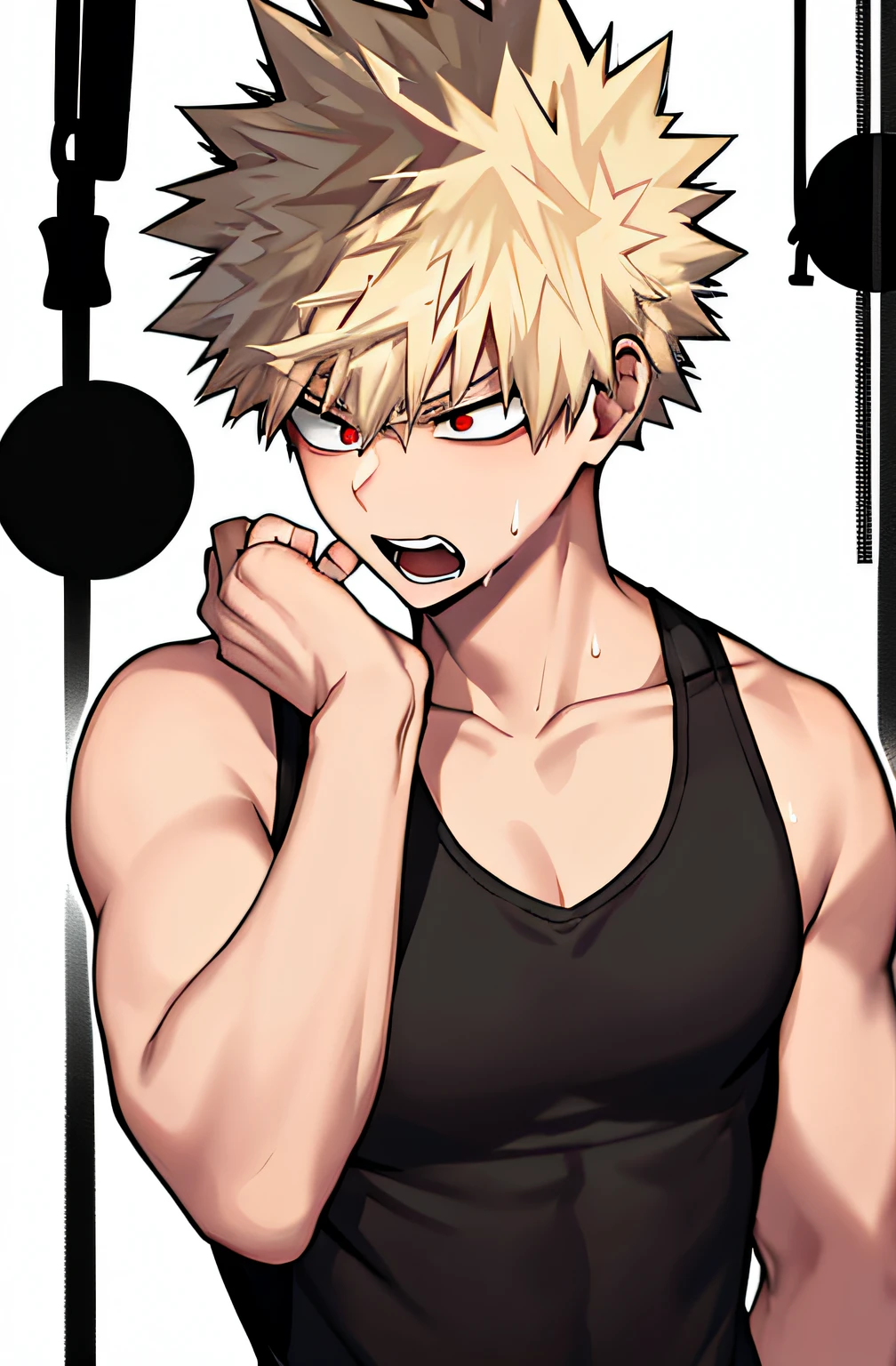 horikoshi kouhei, 1boy, absurdres, bakugou katsuki, bare shoulders, black tank top, blonde hair, blurry, blurry background, boku no hero academia, chama kou, highres, looking away, male focus, muscular, muscular male, open mouth, red eyes, short hair, spiked hair, sweat, tank top, twitter username, wiping sweat,