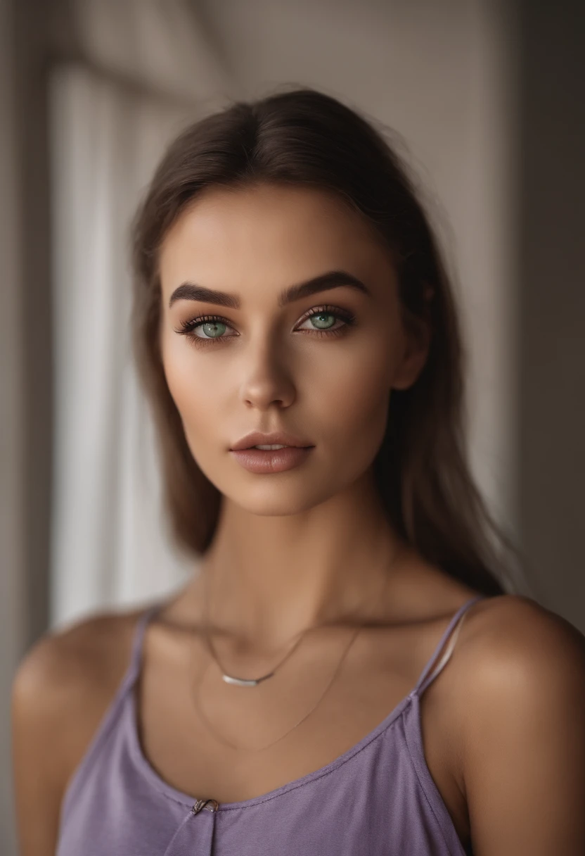 Arafed woman with a white tank top and necklace, fille sexy aux yeux verts, Portrait Sophie Mudd, cheveux bruns et grands yeux, selfie of a young woman, Yeux de chambre, Violet Myers, sans maquillage, maquillage naturel, looking straight at camera, Visage avec Artgram, Maquillage subtil, Superbe photo du corps entier, piercing green eyes\