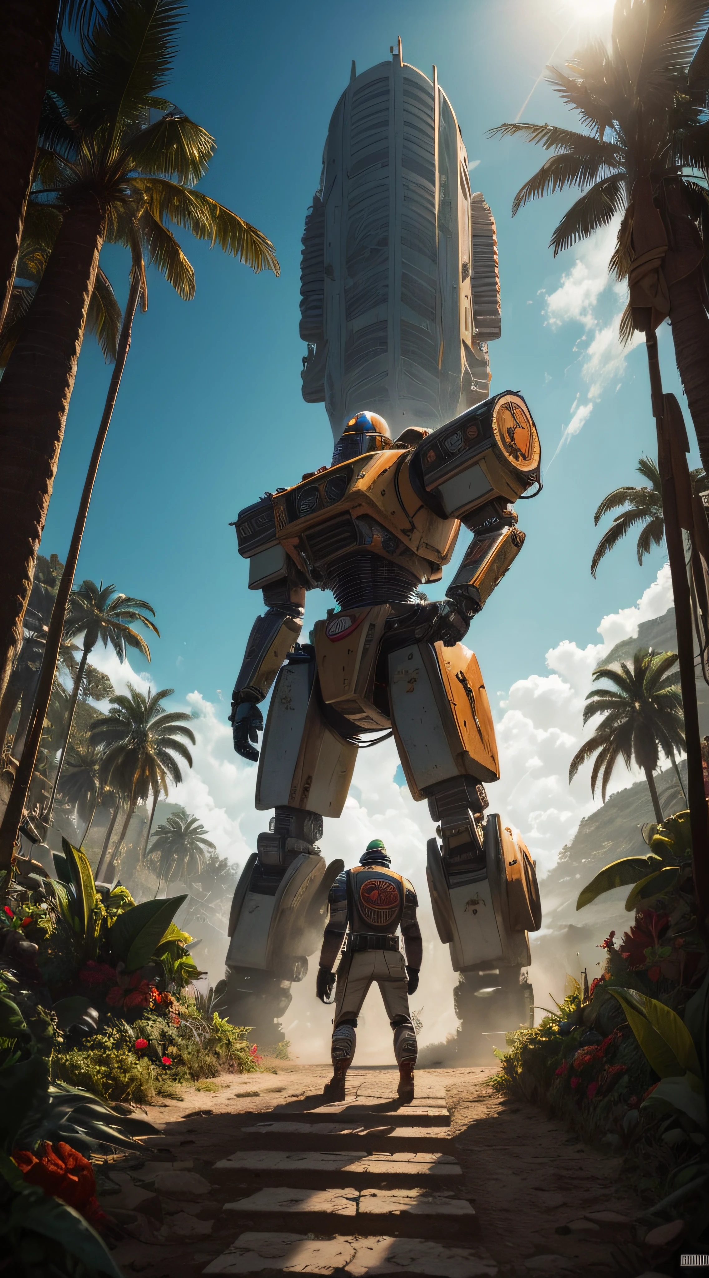 (extremadamente detallado, obra maestra, La mejor calidad, foto antigua, principios de siglo, VHS Aesthetics) Great retro robot with blood in robotic hands. cannons on his back. motosierras. In the middle of a strange jungle. Vegetables from another dimension. Epic flowers far away, organic trees with meat. Light Volumetric