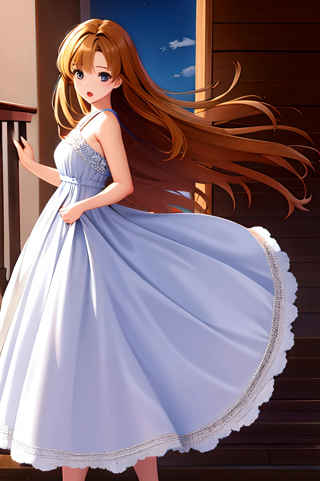 Anime girl in a blue dress standing on a staircase - SeaArt AI