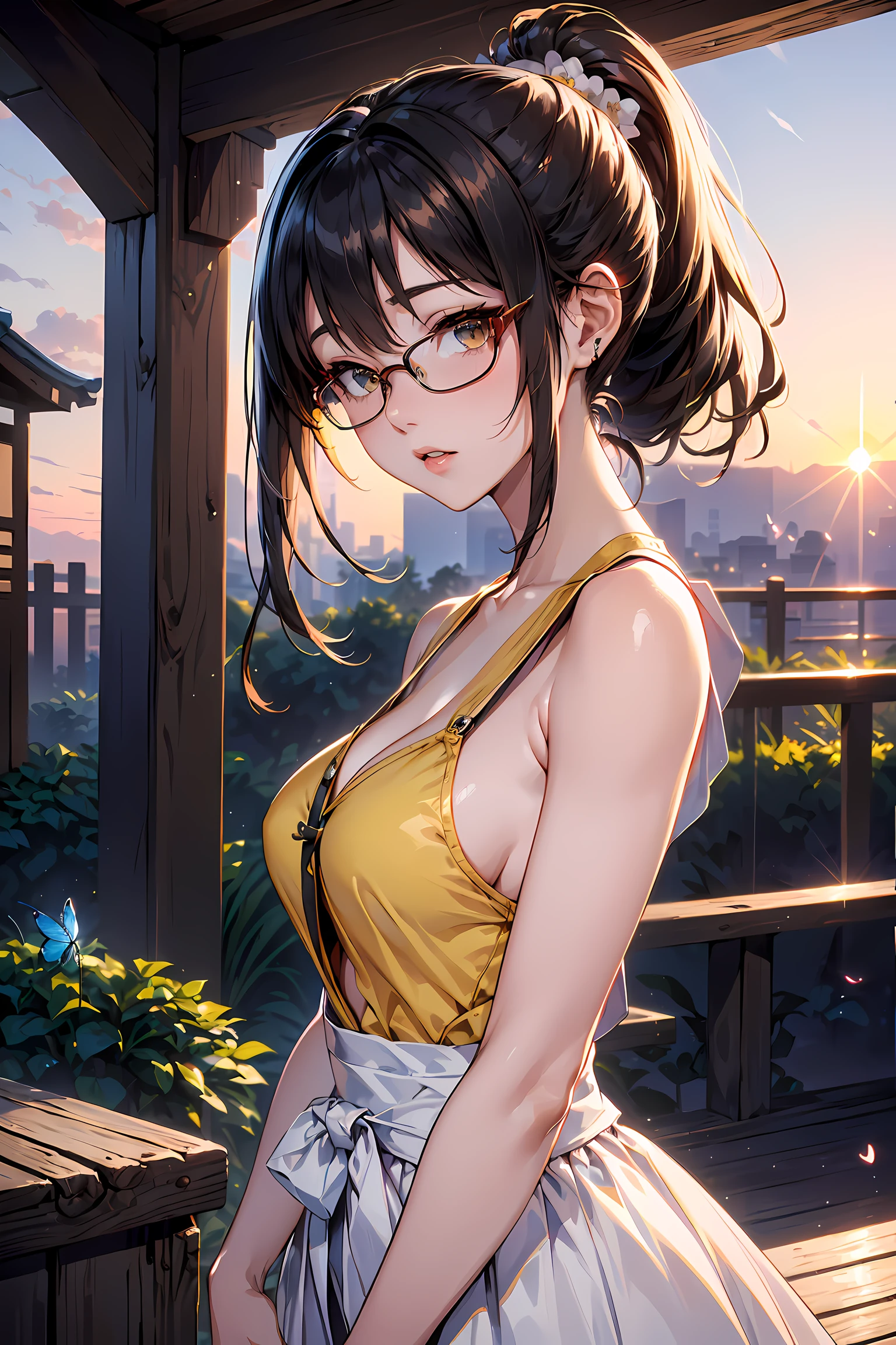 (1glasses girl:1.3, solo), (Audrey Hepburn:1.3), (a extremely pretty and beautiful Japanese woman), (sexy girl), (professional attire:1.3), (22 years old: 1.1), (walking on red carpet:1.3), (attractive random posing:1.3), (in the sunset royal garden:1.3), (looking straight at you:1.3), (starring at you:1.3), (front view:1.3), (from side:1.3), break, (ponytail:1.3), (shiny-black thin hair:1.2), bangs, dark brown eyes, beautiful eyes, princess eyes, (big eyes:1.3), bangs, wearing a glasses:1.3, Hair between eyes, short hair:1.3, (slender:1.1), (small-medium-breasts:0.95), (thin waist: 1.15), (detailed beautiful girl: 1.4), Parted lips, Red lips, full-make-up face, (shiny skin), ((Perfect Female Body)), (upper body image:1.3), Perfect Anatomy, Perfect Proportions, (most beautiful Korean actress face:1.3, extremely cute and beautiful Japanese actress face:1.3), BREAK, (View viewer, wearing a lovely bitch cordinate, (insanely detailed yellow camisole dress:1.3), (white sleeveless top:1.3), (pin-heels:1.3), detailed clothes, BREAK, (detailed royal sunset flower garden background:1.2), (splash playing blue butterflies background:1.2), (Studio soft lighting: 1.3), (fake lights: 1.3), (backlight: 1.3), BREAK, (Realistic, Photorealistic: 1.37), (Masterpiece, Best Quality: 1.2), (Ultra High Resolution: 1.2), (RAW Photo: 1.2), (Sharp Focus: 1.3), (Face Focus: 1.2), (Ultra Detailed CG Unified 8k Wallpaper: 1.2), (Beautiful Skin: 1.2), (pale Skin: 1.3), (Hyper Sharp Focus: 1.5), (Ultra Sharp Focus: 1.5), (Beautiful pretty face: 1.3), (super detailed background, detail background: 1.3), Ultra Realistic Photo, Hyper Sharp Image, Hyper Detail Image,