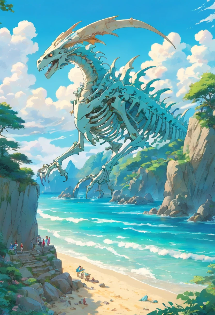 The skeleton of a huge sea beast lies across the island,Huge animal bones,A majestic,spectacular,A wyvern swoops down,Ultra-long viewing angle,in a panoramic view,HighestQuali,