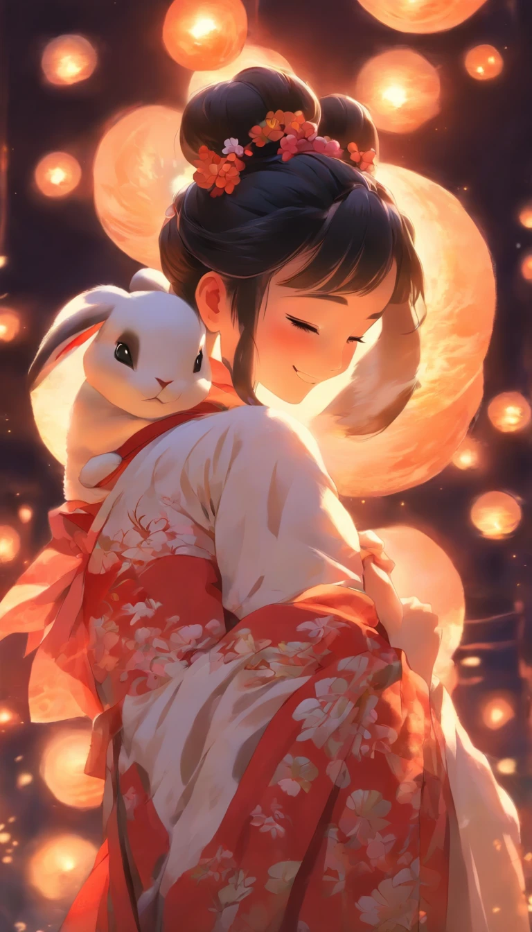 1girll, Moon, hair adornments, full moon, Cloud, sky,Night, Chinese clothes, Solo, Smile, Wide sleeves, Night sky, Long sleeves, flower, hug, hair flower, petals, child, Blush, parted lip, Black hair, Rabbit, Cloudy sky, forehead mark, Black eyes, face markings, updo, Artist name, Animal hugs, Hanfu, hair-bun, Girl child, Holding, Outdoors, Short hair, sleeves past wrists