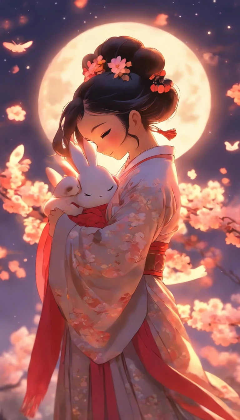 1girll, Moon, hair adornments, full moon, Cloud, sky,Night, Chinese clothes, Solo, Smile, Wide sleeves, Night sky, Long sleeves, flower, hug, hair flower, petals, child, Blush, parted lip, Black hair, Rabbit, Cloudy sky, forehead mark, Black eyes, face markings, updo, Artist name, Animal hugs, Hanfu, hair-bun, , Holding, Outdoors, Short hair, sleeves past wrists