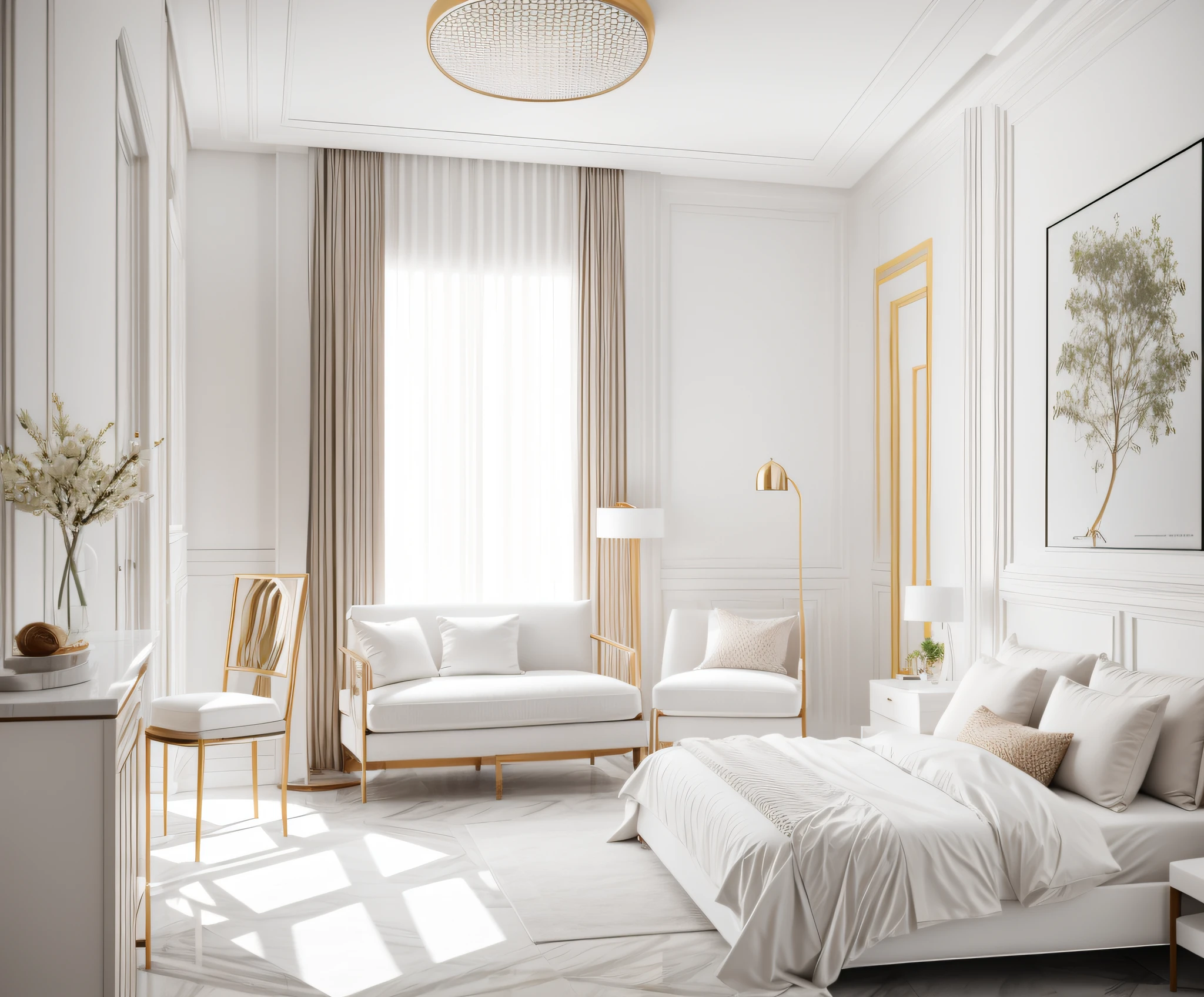 white luxury bedroom, (supper detail:1.2), 1 big abtract poster on the wall