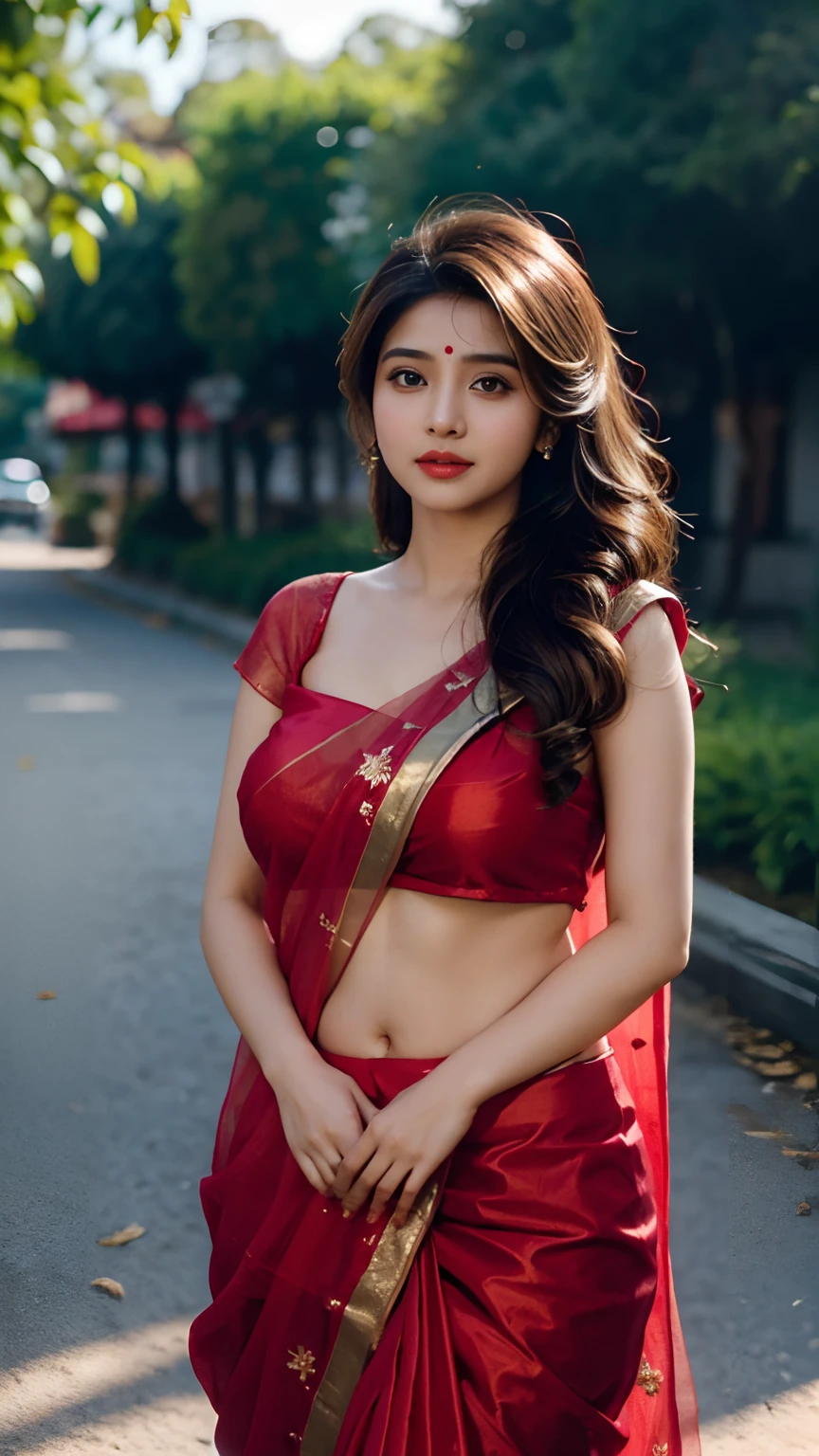 (((desi girl))), chubby face, natural skin, wearing red bridal saree, charming black hair, ((hair ends are blonde)), greenary village background, big boobs,bokeh