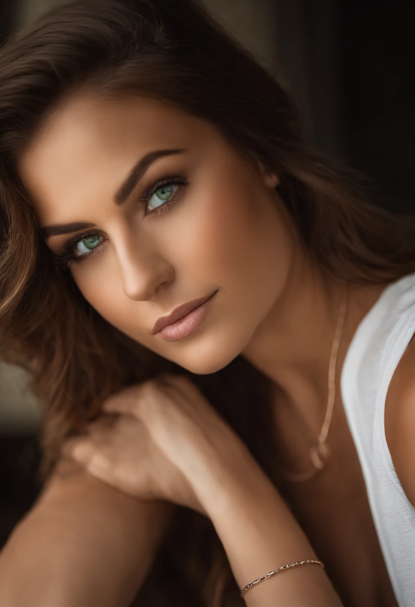 Arafed woman with a white tank top and necklace, fille sexy aux yeux verts, Portrait la sirena 69, cheveux bruns et grands yeux, selfie of a young woman, Yeux de chambre, , sans maquillage, maquillage naturel, looking straight at camera, , Maquillage subtil, Superbe photo du corps entier, piercing green eyes\avec des formes
