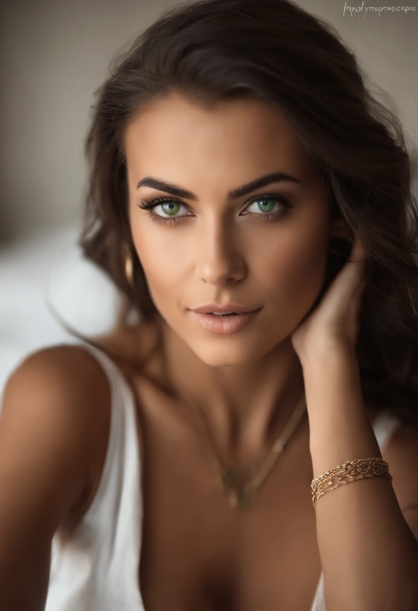 Arafed woman with a white tank top and necklace, fille sexy aux yeux verts, Portrait Sophie Mudd, cheveux bruns et grands yeux, selfie of a young woman, Yeux de chambre, Violet Myers, sans maquillage, maquillage naturel, looking straight at camera, Visage avec Artgram, Maquillage subtil, Superbe photo du corps entier, piercing green eyes, Bel angle, pose attrayante, fille mignonne, sexy pose, Image du corps entier, corps entier, Prise de vue du corps entier, brunette goddess, High detail, pose satisfaite, Pantalon en cuir