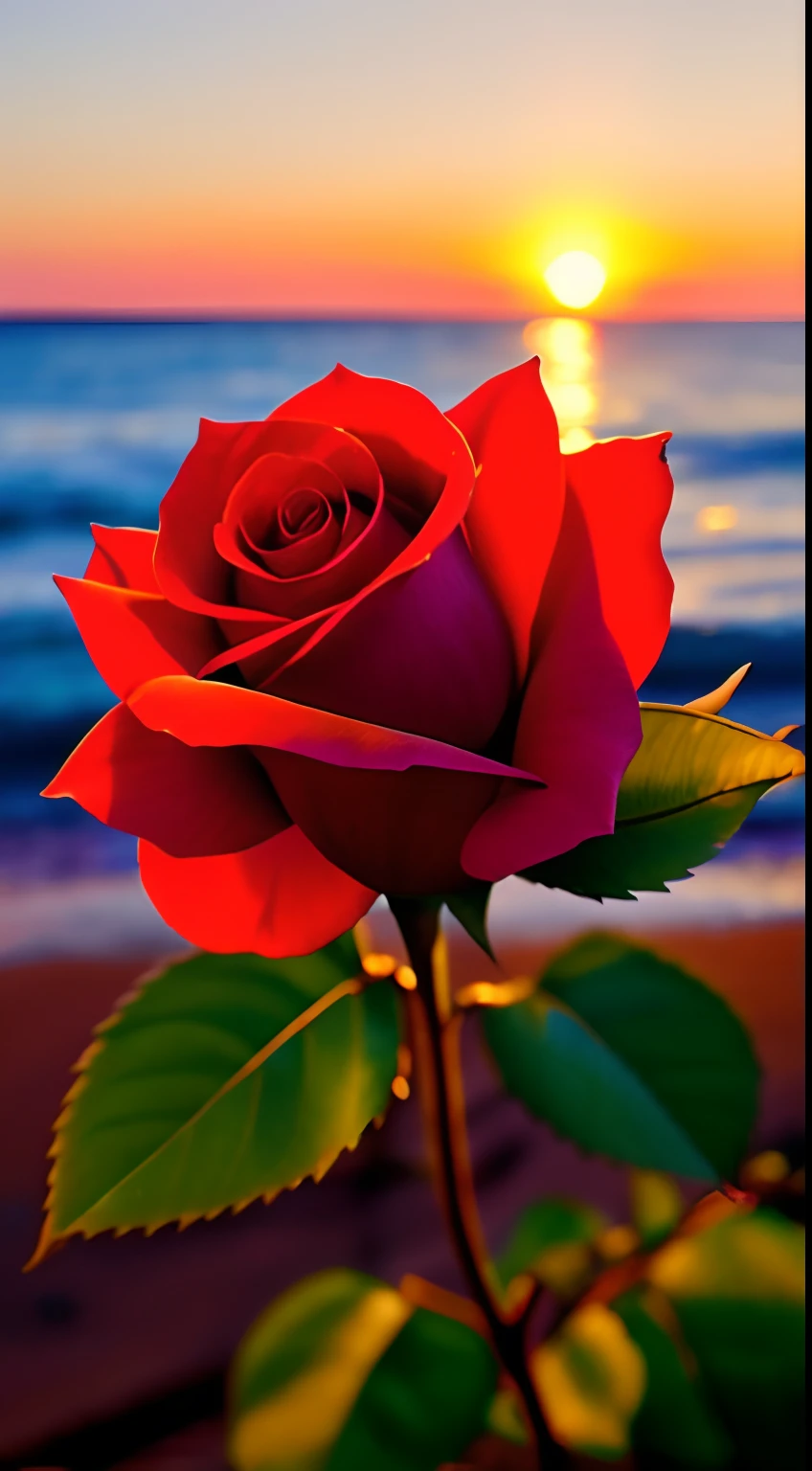 Close-up shot, a rose flower, the background is the gorgeous sunset by the sea, real texture, warm
