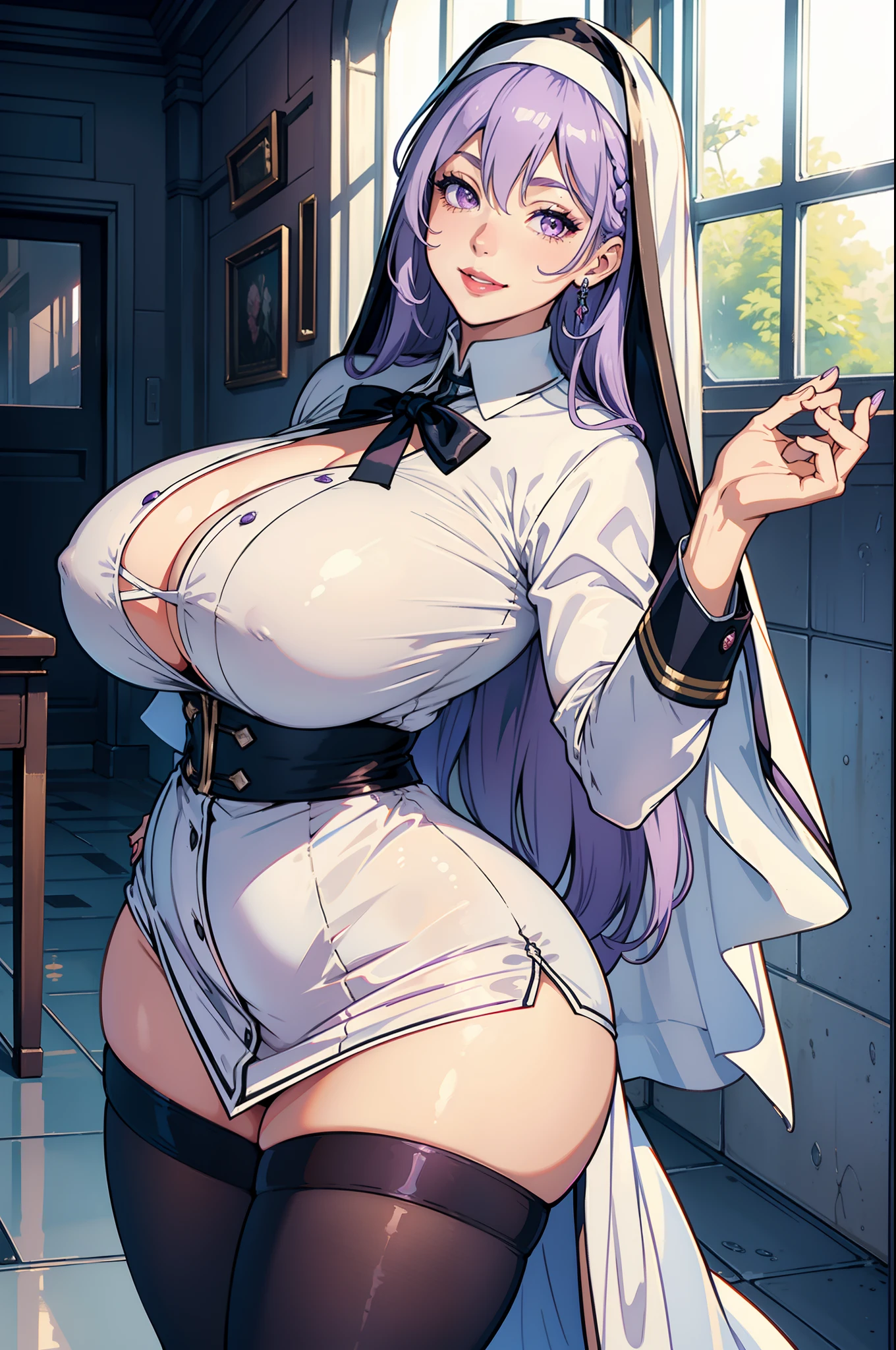 Best quality, solo woman, giant breastt ass, very cur white long single plait, lilac eyes, full lips, seductive, smiling, preistess uniform, nun
