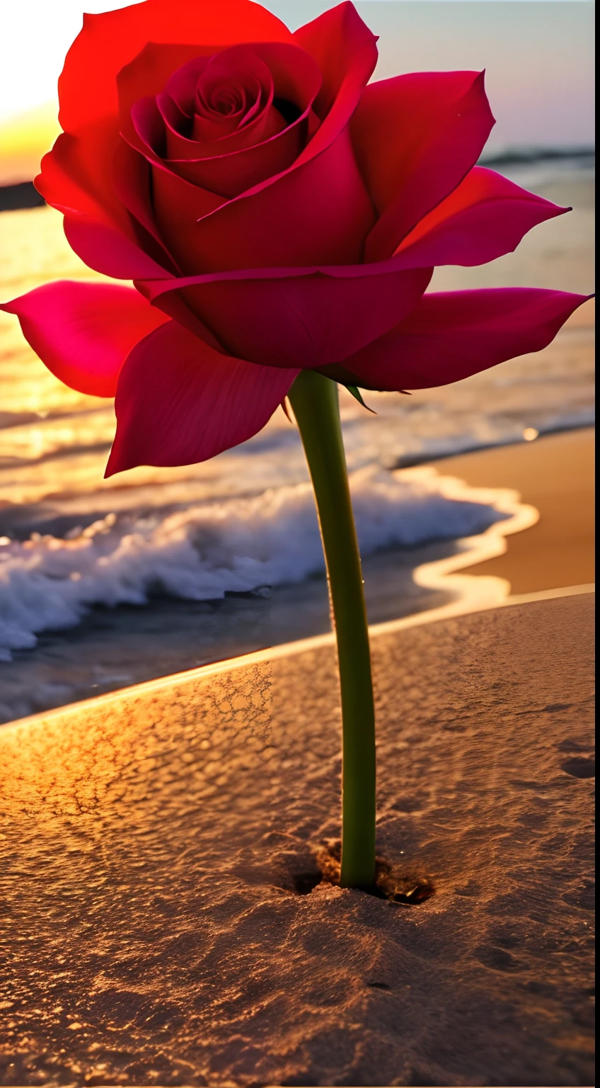 Close-up shot, a rose flower, the background is the gorgeous sunset by the sea, real texture, warm