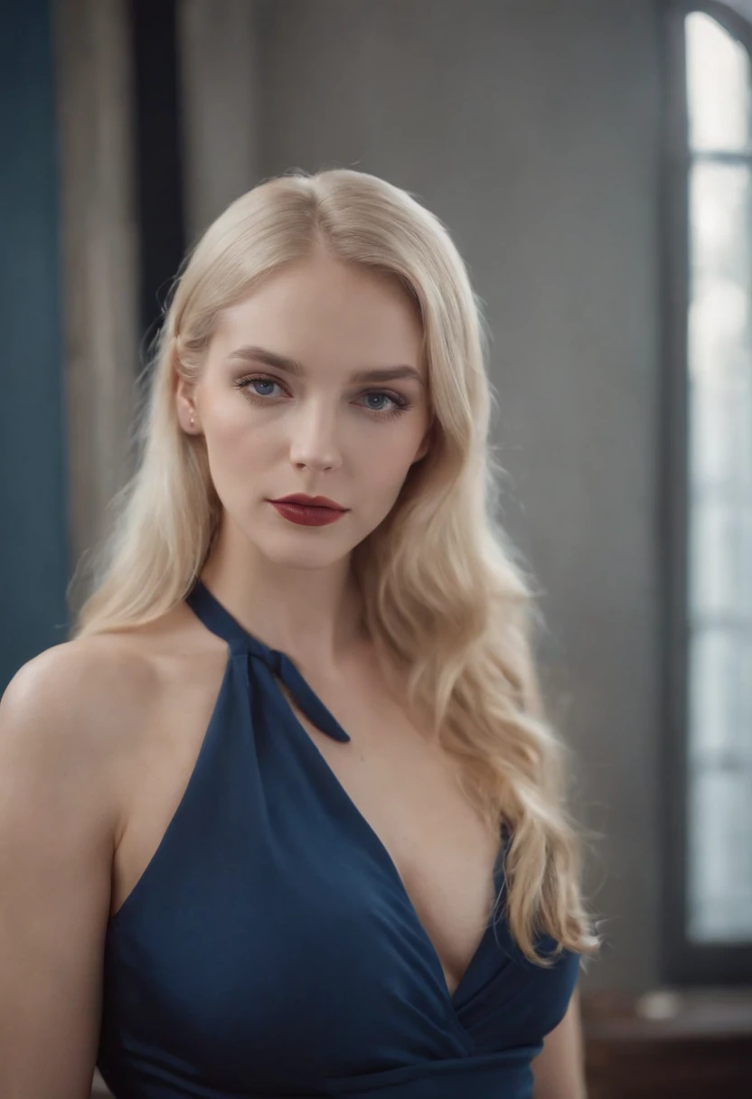 person sada is a tall blonde lady, in the style of naive charm, oversized objects, webcam photography, exaggerated facial features, dark amber and indigo, bold curves, silver and navy