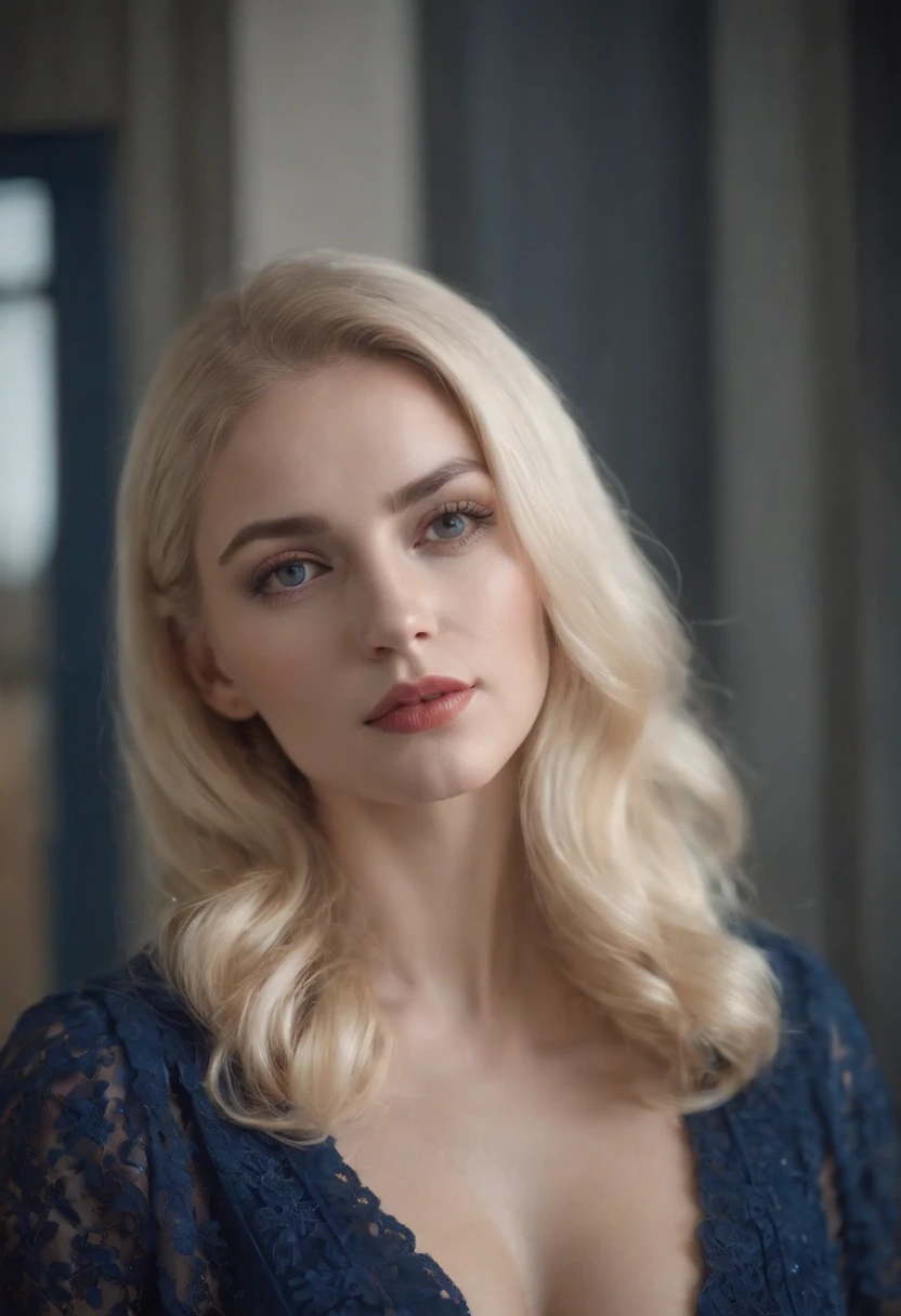 person sada is a tall blonde lady, in the style of naive charm, oversized objects, webcam photography, exaggerated facial features, dark amber and indigo, bold curves, silver and navy
