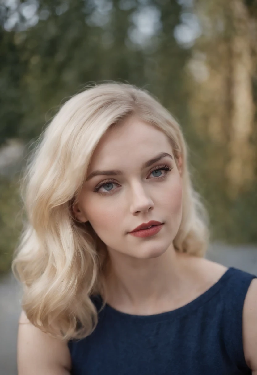 person sada is a tall blonde lady, in the style of naive charm, oversized objects, webcam photography, exaggerated facial features, dark amber and indigo, bold curves, silver and navy