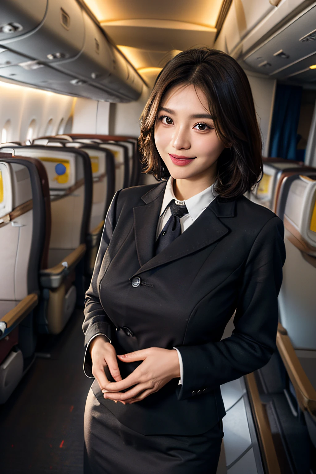 8K, of the highest quality, Intricate details, Ultra Detail, Ultra High Resolution, masterpiece, smile, (fluffy brown eyes: 1.21), Brown eyes, 1female, Solo, 40 years, cowboy shot, Standing , (Beautiful Face), Black bob hair, (Detailed face), Detailed lips, (Stewardess uniform:1.3), detailed chest, (huge breasts), detail, Perfect body, background: (in an airplane)