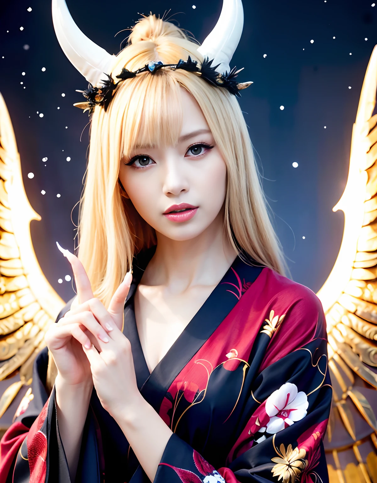 ((White ghost flies)),Professional , masterpiece、top-quality、photos realistic , depth of fields 、(Various poses)、(Background of cherry blossoms in full bloom),(Ultimate Beauty)、(A dark-haired)、(Fight ninjas)、(Kimono with scary pattern)、(Night background)、((Devil's Wings Grow)),(Wear a kimono with a horror pattern),(Wearing a beautiful kimono with colorful scary patterns)、Jewel Gold Weapon、Particles of light),(Has a devil's mask)、Gorgeous gold weapons ,Skeleton population、(( Gorgeous Dragon Sword)) , (a dark night),,(White ghost flies) 、((Black Haired Beautiful Girl))、(Castle background)、(demonic wings)、((Gangle's forest background))、Beautiful Caucasian beauty、1a person、dynamic ungle,(((Two devil's horns on the head)))、Smaller head、Idle Smile、Thin and beautiful female hands、Mystical expression、Light Effects、intense fighting、Wind-effect、magic circles、With the legendary magic wand、Dragon's tail、