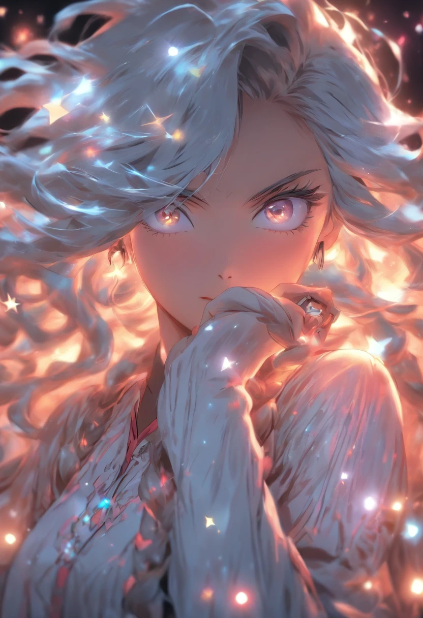 the girl with long gray hair is posing for her phone, in the style of the stars art group (xing xing), light white and dark silver, lovely, hannah yata, light red and dark black, strong facial expression, shiny/glossy
