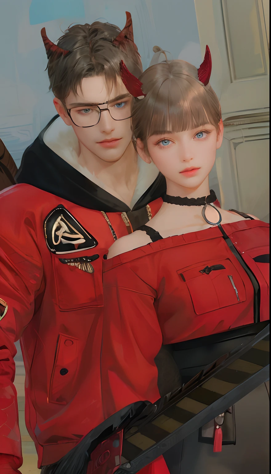 (absurdly , high quality , masterpiece , ultra detailed), ( detailed to hand ) (detailed to eyes) (detailed to face) , couples, 1 man (short black Quiff hair with Soft Fringe, bangs part on side 3:7 ratio) and 1 woman (short black hair with fringe) love ,pretty eyes (blue eyes) , black hair, fantasy, detailed background, soft light