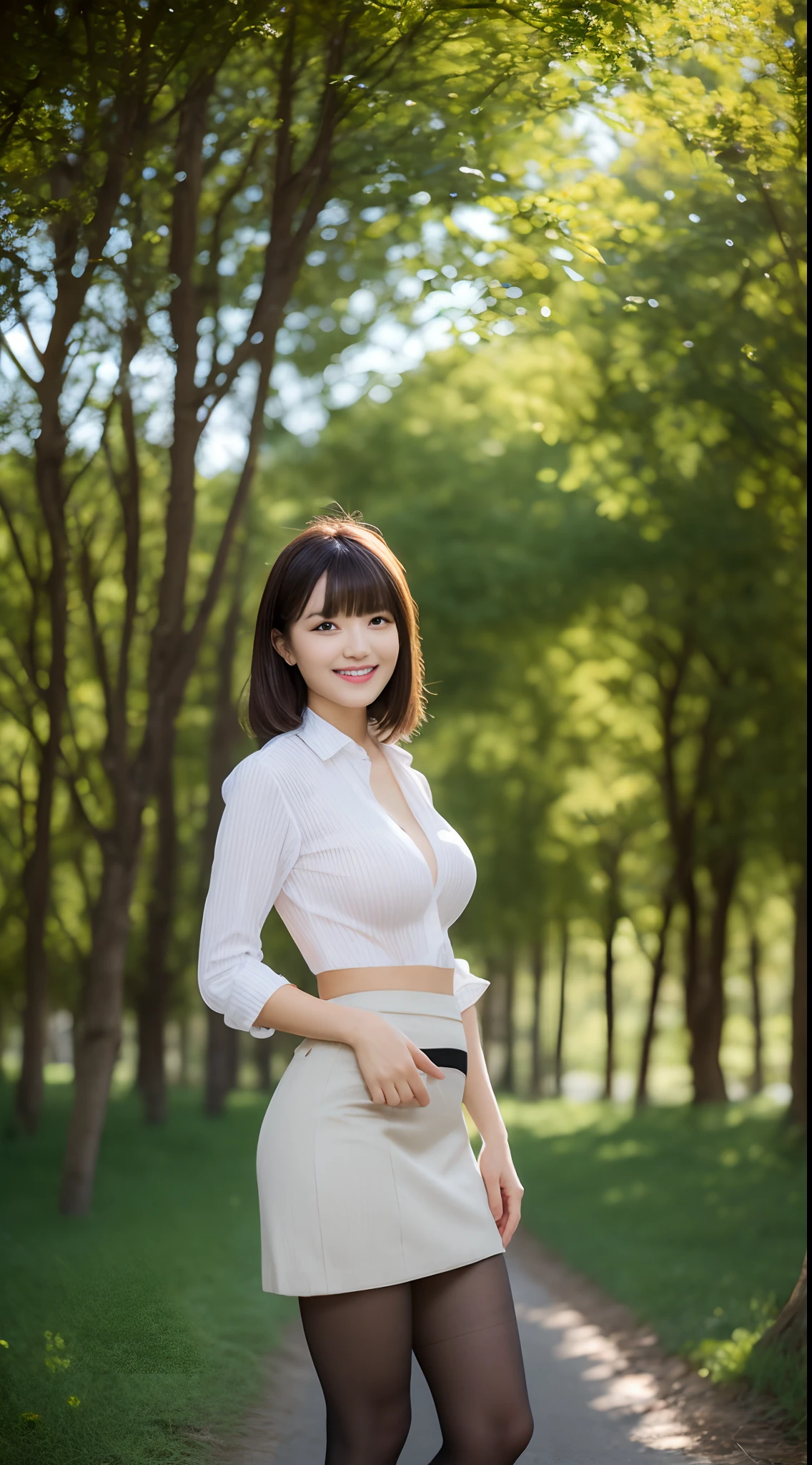 (top-quality、超A high resolution、​masterpiece:1.3)、A tall and pretty woman、longeyelashes, striated hair, light brown hair, hair behind ear, Long hair with bangs, shortpants, Tight mini skirt suit, longeyelashes, Parted lips,  surrealism, drop shadow, anaglyph, stereograms, surrealism, Verism, depth of fields, Backlighting, Expose F/1.2, One-person viewpoint, Super Detail, ccurate, Best Quality, nffsw, masutepiece, Textured skin, Best Quality, hard disk, in 8K, The tree々There is a landscape, blurry backround, ((??????????? thin waist)), skinny thigh, (Colossal ????:1.1), Natural Color Lip, Smile, Collared shirt, Black pantyhose, long legged, Young woman in perfect style, ????????? and look into