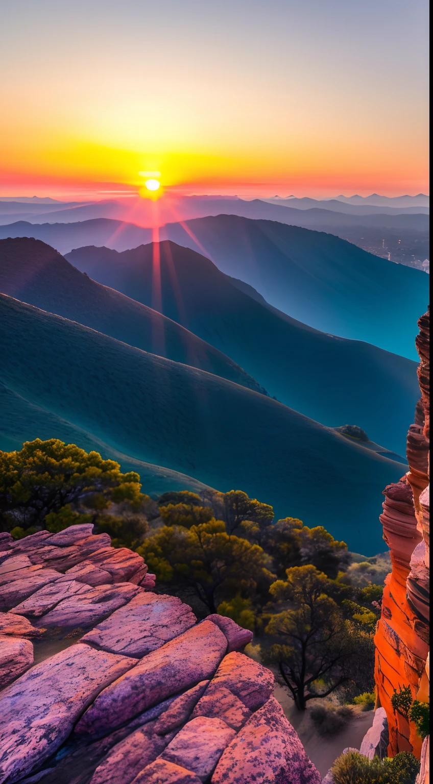 Sunset, evening glow, distant view, realistic, rich colors, gorgeous and colorful, wide-angle lens, shooting in the evening, positive film, naturalistic style, high-definition filming.