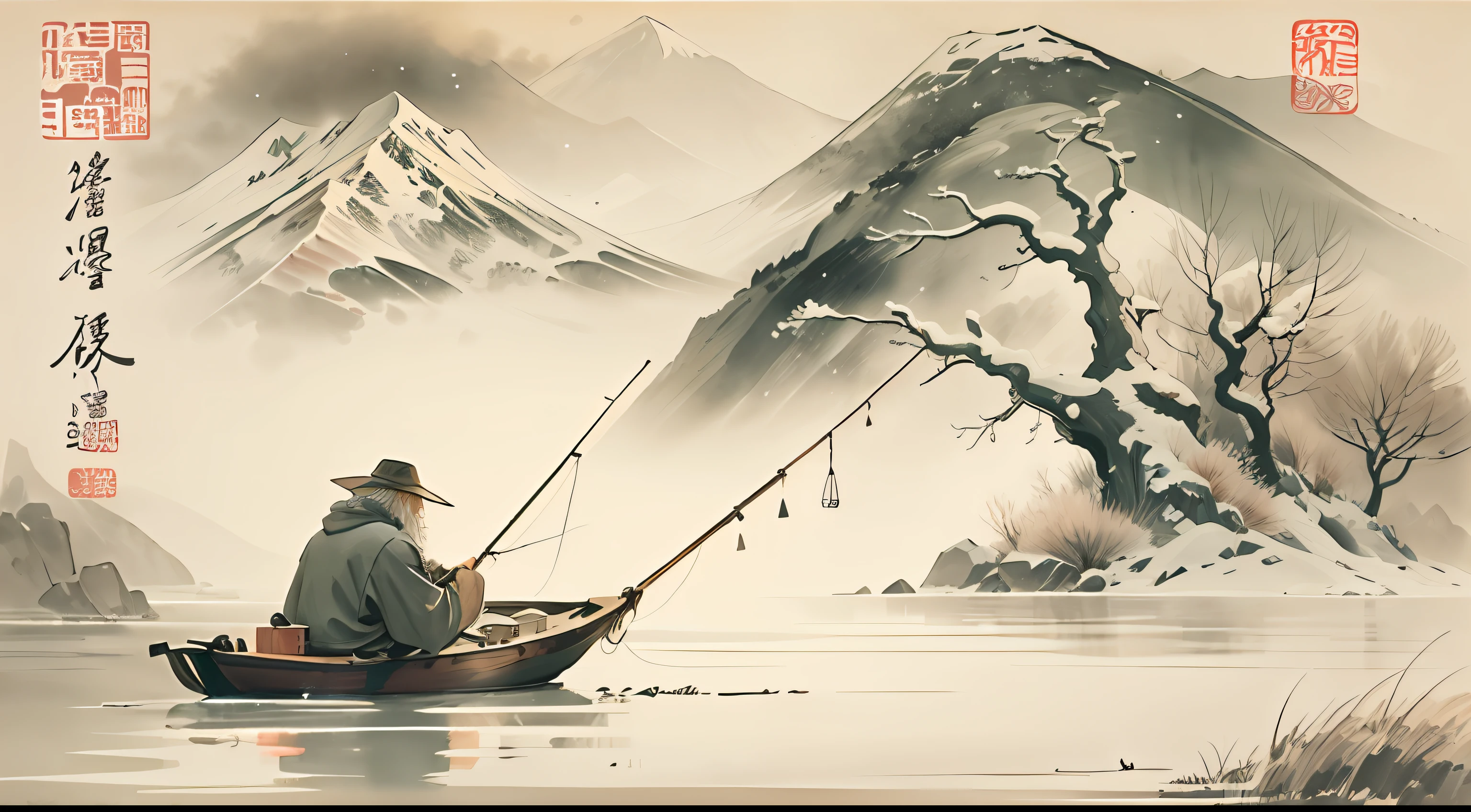 China ink painting，Black and white tones，Ancient style，The whole picture is bare-handed and abstract，Rendered in ink，In winter, The sky and the earth are covered with snow，Between heaven and earth，Quiet and remote scenery，An old man wears a cloak and coat，Sitting on a lonely boat，Fishing with a fishing rod，This ink painting depicts a lonely and difficult scene on a winter day。On screen，(((An old fisherman in a torn cotton jacket)))，Wearing a cloak，Sitting alone in a small boat。The hull looms，Its contours are outlined through virtual and real brushstrokes，Leaning on the frozen river。The surface of the river is covered with snowflakes，They all floated down，Intertwined with the river，Create poetic scenes。 Snowflakes are presented in light ink and moist brushstrokes，Seemingly light，But with a hint of coldness。The old man wears Hanfu，Sit in a small boat，Focus on fishing。His face was carved by the years，Show calmness and perseverance，Facing the harsh winter，He still insists on his activities。The ships around him are outlined and textured by delicate lines，It takes on an ancient and earthy appearance。 The big picture is dominated by river curves，Outline the beauty of the flow of the river，It creates a peaceful and distant atmosphere。ao mesmo tempo，a old man、The lines of the boat and the snowflakes create a sense of rhythm，It adds movement and vibrancy to the whole picture。Use of chiaroscuro，Make the picture appear three-dimensional and spatial space，Create warm and cool tones。 This ink painting flows in the intensity of the ink colors and the twists and turns of the lines，It presents an image of loneliness and tenacity，and the ever-changing beauty of rivers and snowflakes。On a cold winter day，The fisherman silently insisted on his activities，Blend in with nature，It expresses reverence for nature and wisdom in living with it。The whole picture is presented through the change of ink and the use of technology，It conveys a deep and serene artistic conception，Let people appreciate the endless charm of nature and the tenacity of people。Snowflakes flying in the sky，(((Lonely old man sitting on boat fishing)))，Lake surface，Small broken boat，Bleak, Desolate, (((Sitting alone on a boat)))，A huge full moon rises over the horizon，eventide，wide wide shot，Cool moonlight，Black and white tones，The background is a snowy scene,There are dead trees on both sides of the picture，Draw on rice paper， Traditional Chinese Ink Painting, Traditional Chinese art, author：Guo Xi, author：Ma Yuanyu, Traditional Chinese painting, author：Xu Xi, author：Luo Mu, author：Yang Buzhi, author：Li Kelan, author：Gu An, Ink painting ) ) ) ), Chinese ink painting, Chinese painting style