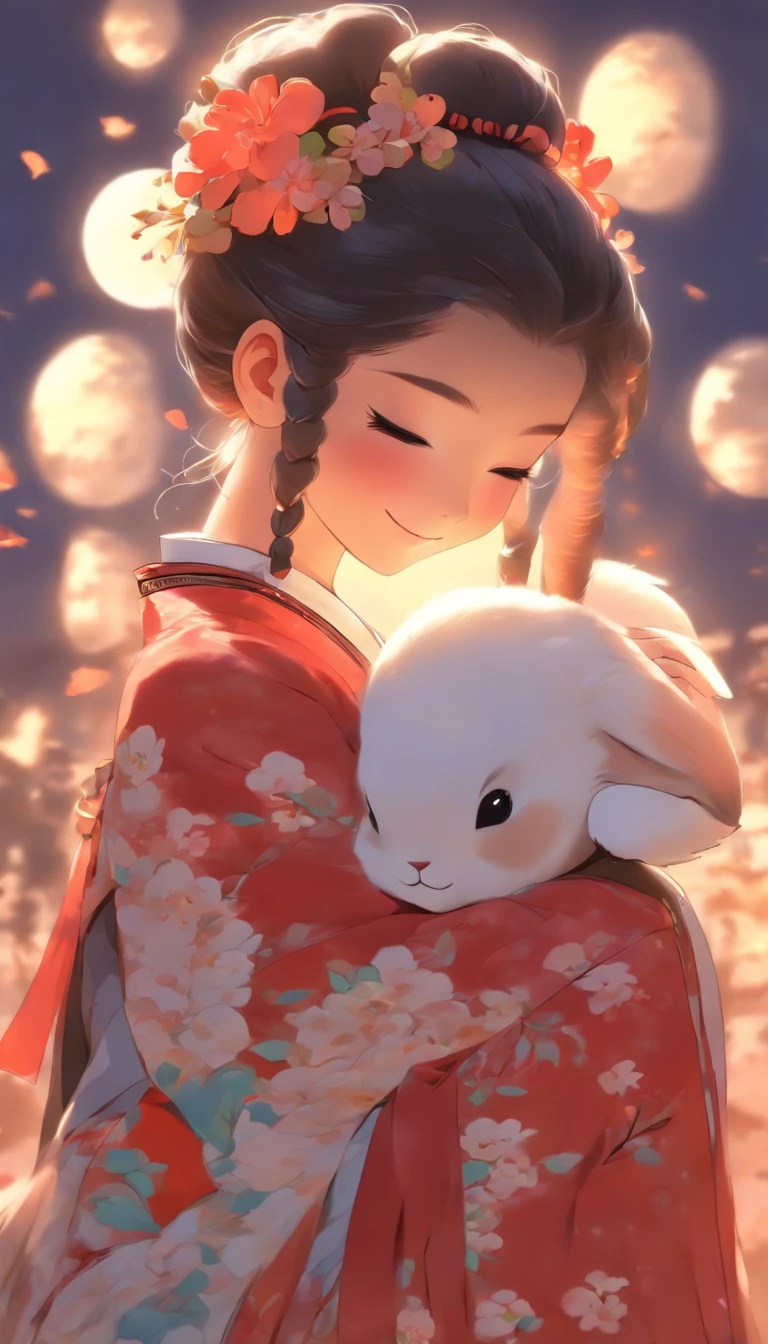 1girll, Moon, hair adornments, full moon, Cloud, sky,Night, Chinese clothes, Solo, Smile, Wide sleeves, Night sky, Long sleeves, flower, hug, hair flower, petals, child, Blush, parted lip, Black hair, Rabbit, Cloudy sky, forehead mark, Black eyes, face markings, updo, Artist name, Animal hugs, Hanfu, hair-bun, Girl child, Holding, Outdoors, Short hair, sleeves past wrists