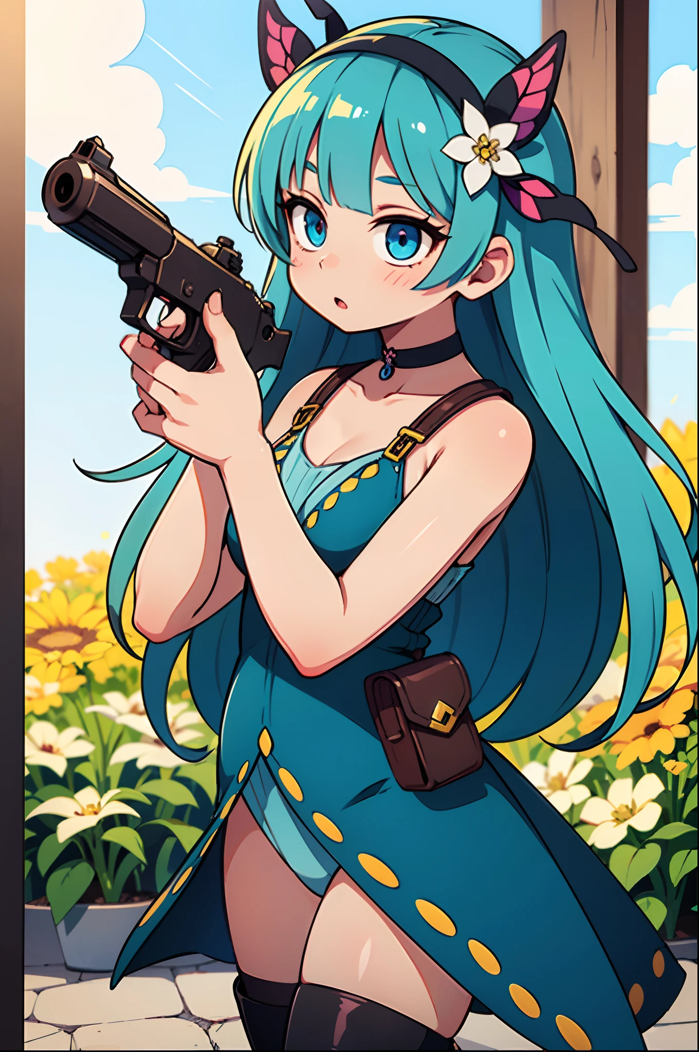 Octane Render、(Hyper-detailing: 1.15)、(Soft light、sharp: 1.2)、photoRealstic、Cute Fantasy Princess、Handgun shooting practice、Fine Pattern Pistol,long boots、ultradetailed eyes、Full Paint、(Floral hair ornament、butterfly hair ornament)、 masutepiece、Anatomically correct、blur、depth of fields
