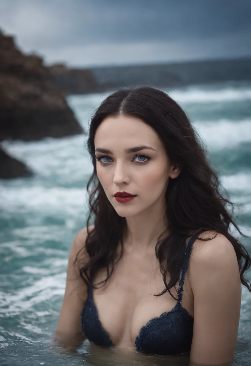 nтусклое освещение, A woman drowns in ocean in midnight up to her mermaid tail, a closeup of a, blue eyes, black hair (Realistic fantasy rendering in ocean:1.0), matte painting portrait photo, A realistic photo, (lust:1.3), bra, dark make up, dark red lips