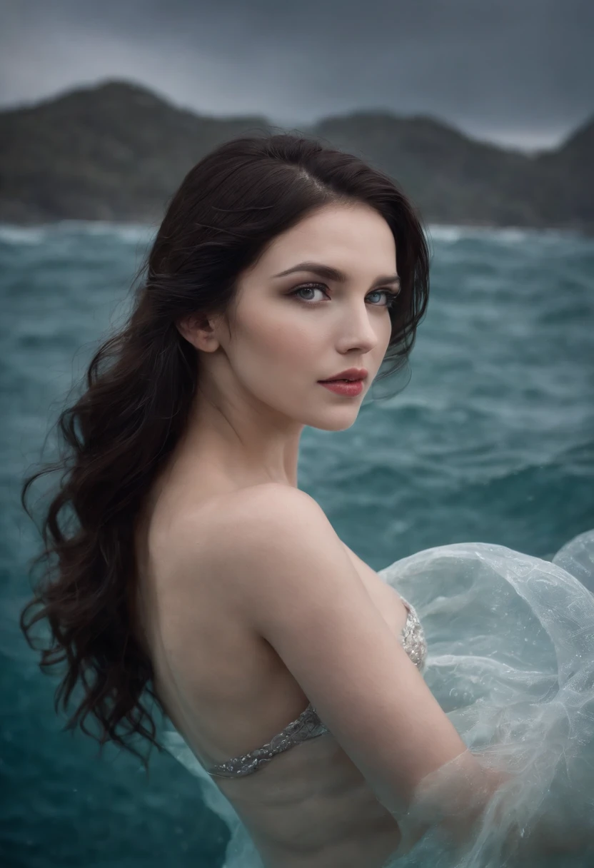 nтусклое освещение, A woman drowns in ocean in midnight up to her mermaid tail, a closeup of a, blue eyes, black hair (Realistic fantasy rendering in ocean:1.0), matte painting portrait photo, A realistic photo, (lust:1.3), bra, dark make up, dark red lips
