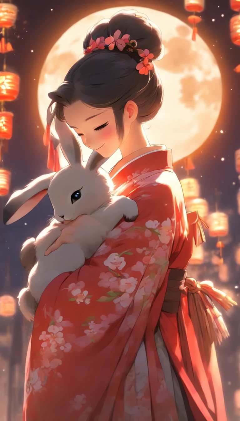 1girll, Moon, hair adornments, full moon, Cloud, sky,Night, Chinese clothes, Solo, Smile, Wide sleeves, Night sky, Long sleeves, flower, hug, hair flower, petals, child, Blush, parted lip, Black hair, Rabbit, Cloudy sky, forehead mark, Black eyes, face markings, updo, Artist name, Animal hugs, Hanfu, hair-bun, Girl child, Holding, Outdoors, Short hair, sleeves past wrists
