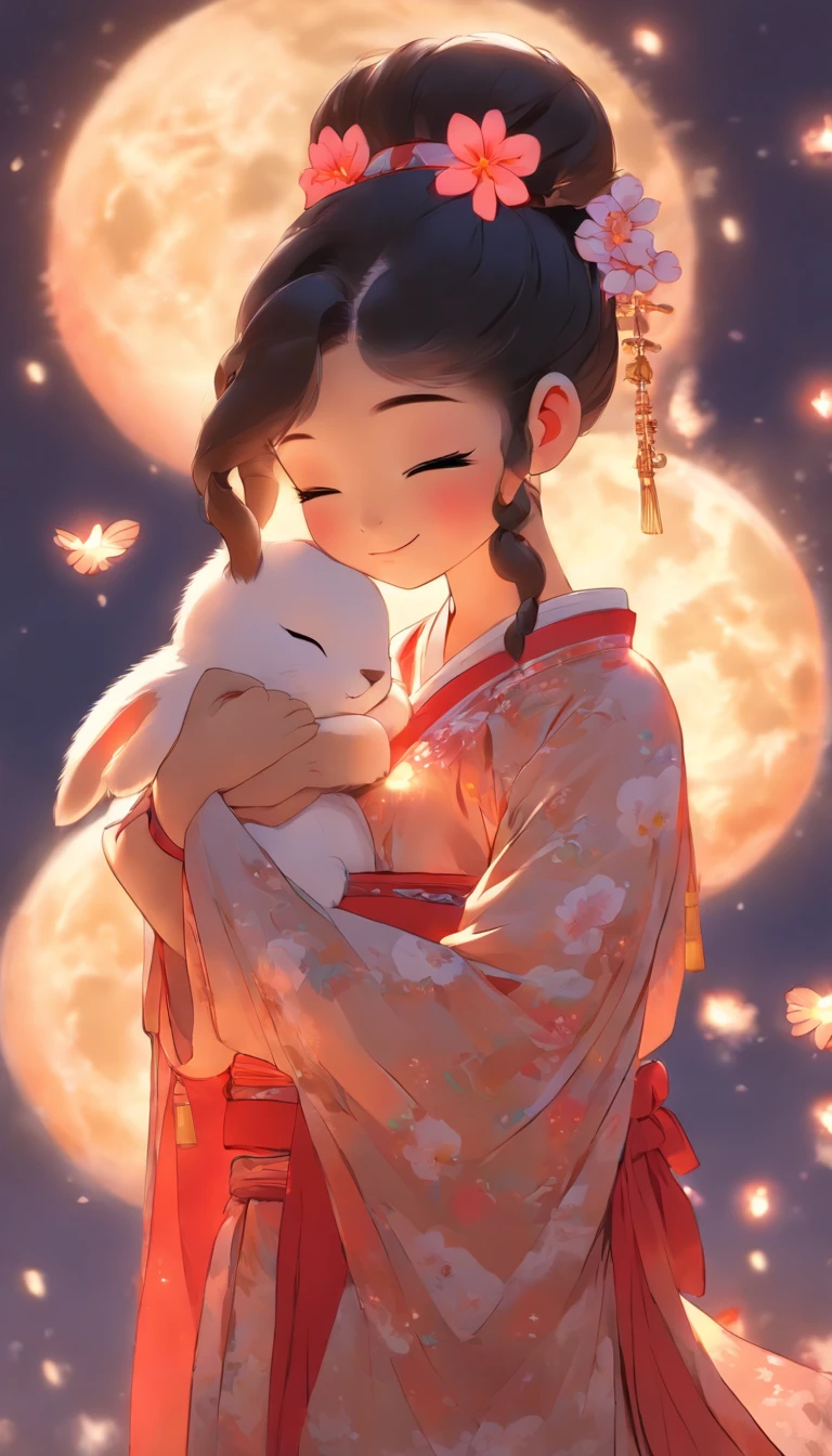 1girll, Moon, hair adornments, full moon, Cloud, sky,Night, Chinese clothes, Solo, Smile, Wide sleeves, Night sky, Long sleeves, flower, hug, hair flower, petals, child, Blush, parted lip, Black hair, Rabbit, Cloudy sky, forehead mark, Black eyes, face markings, updo, Artist name, Animal hugs, Hanfu, hair-bun, Girl child, Holding, Outdoors, Short hair, sleeves past wrists