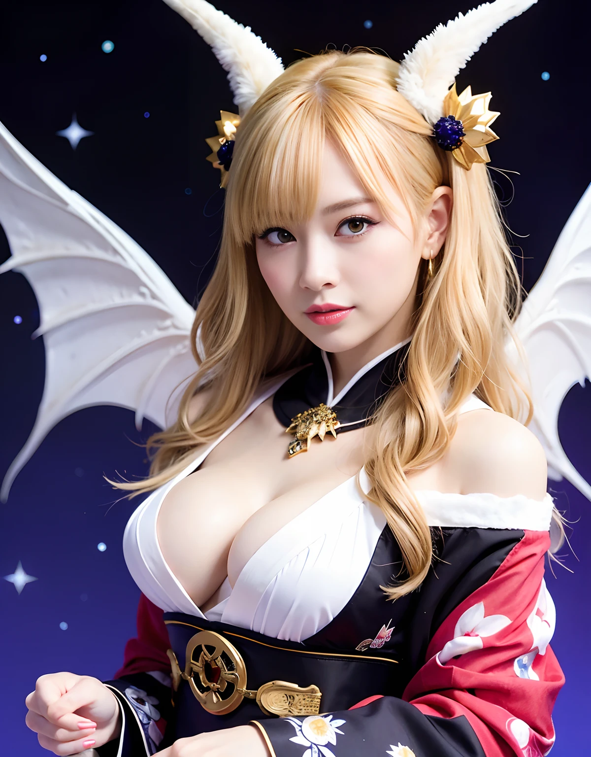 ((White ghost flies)),Professional , masterpiece、top-quality、photos realistic , depth of fields 、(Various poses)、(Background of cherry blossoms in full bloom),(Ultimate Beauty)、(A dark-haired)、(Fight ninjas)、(Kimono with scary pattern)、(Night background)、((Devil's Wings Grow)),(Wear a kimono with a horror pattern),(Wearing a beautiful kimono with colorful scary patterns)、Jewel Gold Weapon、Particles of light),(Has a devil's mask)、Gorgeous gold weapons ,Skeleton population、(( Gorgeous Dragon Sword)) , (a dark night),,(White ghost flies) 、((Black Haired Beautiful Girl))、(Castle background)、(demonic wings)、((Gangle's forest background))、Beautiful Caucasian beauty、1a person、dynamic ungle,(((Two devil's horns on the head)))、Smaller head、Idle Smile、Thin and beautiful female hands、Mystical expression、Light Effects、intense fighting、Wind-effect、magic circles、With the legendary magic wand、Dragon's tail、