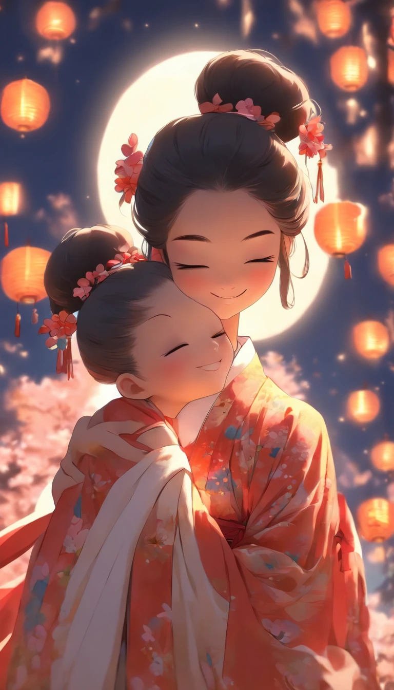 1girll, Moon, hair adornments, full moon, Cloud, sky,Night, Chinese clothes, Solo, Smile, Wide sleeves, Night sky, Long sleeves, flower, hug, hair flower, petals, child, Blush, parted lip, Black hair, Rabbit, Cloudy sky, forehead mark, Black eyes, face markings, updo, Artist name, Animal hugs, Hanfu, hair-bun, Girl child, Holding, Outdoors, Short hair, sleeves past wrists