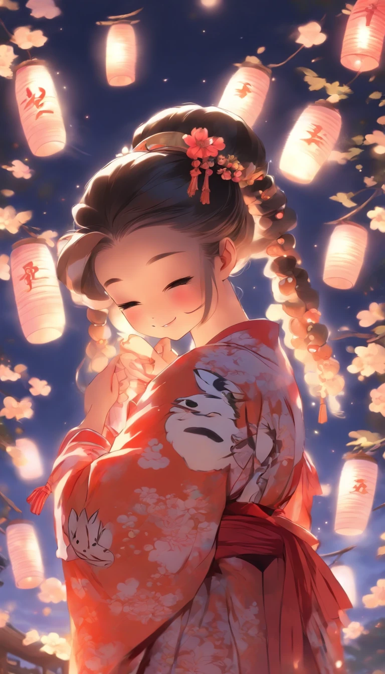 1girll, Moon, hair adornments, full moon, Cloud, sky,Night, Chinese clothes, Solo, Smile, Wide sleeves, Night sky, Long sleeves, flower, hug, hair flower, petals, child, Blush, parted lip, Black hair, Rabbit, Cloudy sky, forehead mark, Black eyes, face markings, updo, Artist name, Animal hugs, Hanfu, hair-bun, , Holding, Outdoors, Short hair, sleeves past wrists