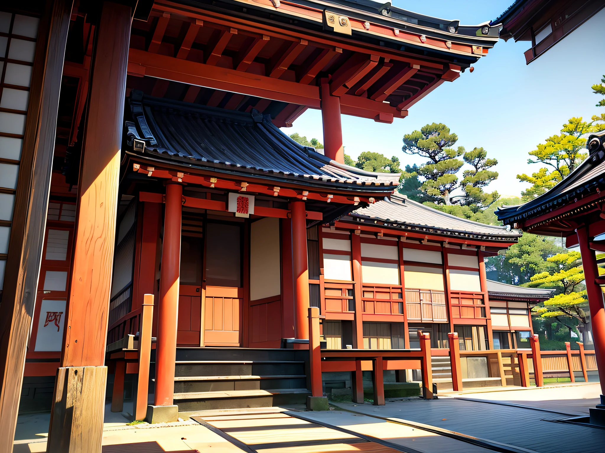 Close-up of a red and yellow building and the stairs leading to it, japanese temples, japanese temples, Shrine of Japan, kyoto inspired, ancient japanese architecture, japanese heritage, japanese architecture, inspired by Sesshū Tōyō, traditional japanese, kyoto, inspired by Itō Jakuchū, shrines, traditional japanese colors, temple