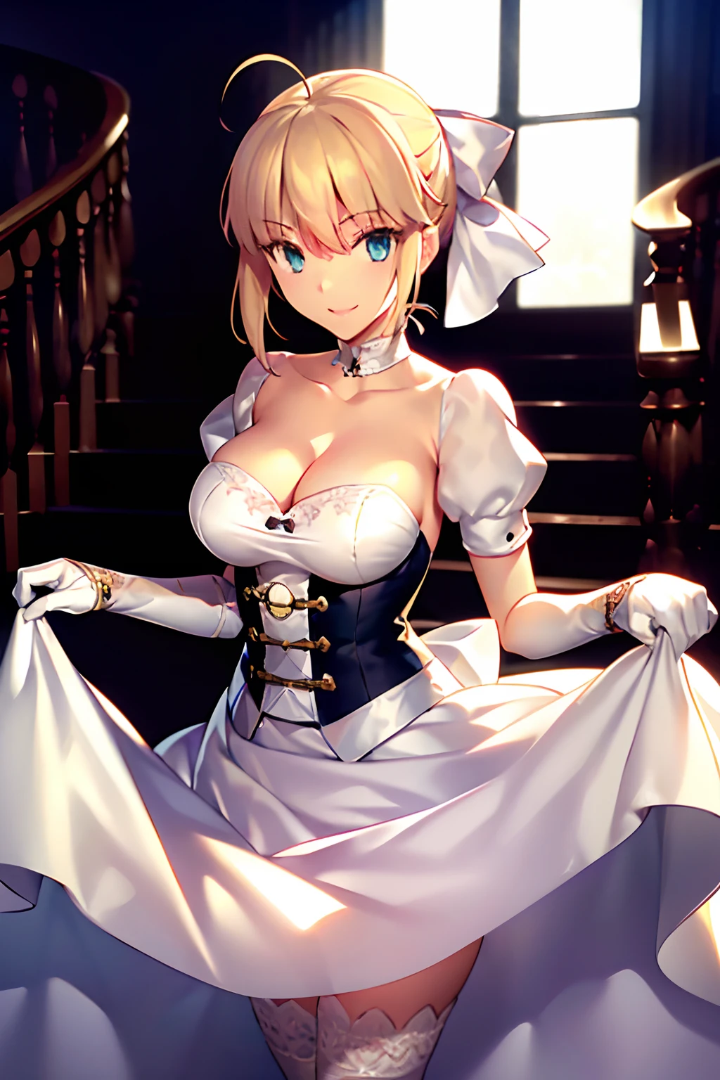 takashi takeuchi,Artorian Pendragon \(Fate\), Saber,1girl in, :D, Ahoge, Blonde hair, Naughty big、large full breasts、 Choker, cleavage, 鎖骨, Dress, elbow groves, gloves, Green eyes, hair between eye, Hair Ribbon, Indoors, Looking at Viewer, bow ribbon, ribbon choker, Short hair, Smile, duo, stairs, Strapless, straplessdress, wedding dress, White Dress, White Gloves, White ribbon, , ((masutepiece)), Best Quality, High resolution, Unity 8k壁纸, (Illustration:0.8), (Beautiful detailed eyes:1.6), extra detailed face, Perfect Lighting, extremely details CG, (Perfect hands, Perfect Anatomy)、(Skirt lift:1.3), (White panty:1.3)、(Skirt that rolls up:1.3)、(Fully exposed panties:1.5)、