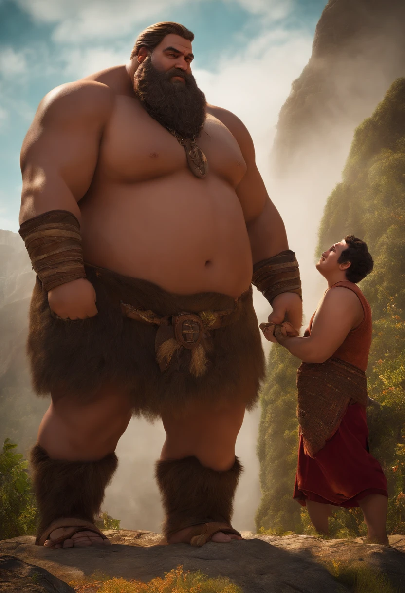 A very fat male giant and a stocky man