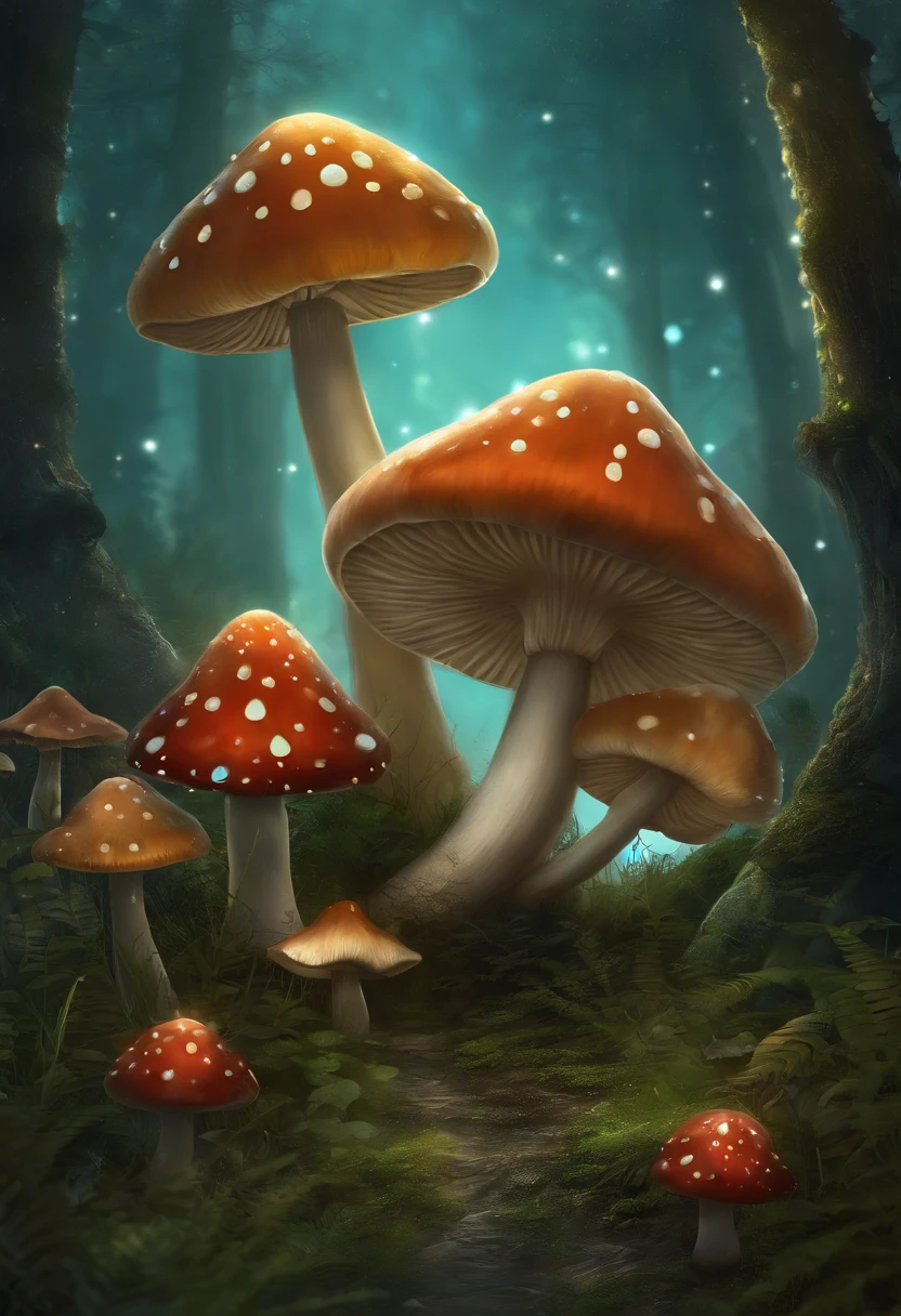 There are many mushrooms that grow from the ground, Mushrooms at night,themoon,starrysky,Mushroom forest, magic mushrooms, psychedelic mushrooms dream, mushroom city, Cogumelos, Local bright light,magic mushrooms, fantasy digital painting, toadstools, fantasy artrealistic painting, High quality fantasy art, whimsical fantasy landscape art, detailed fantasy digital art, Mushrooms, fantasy painting hd, slavic city. large mushrooms
