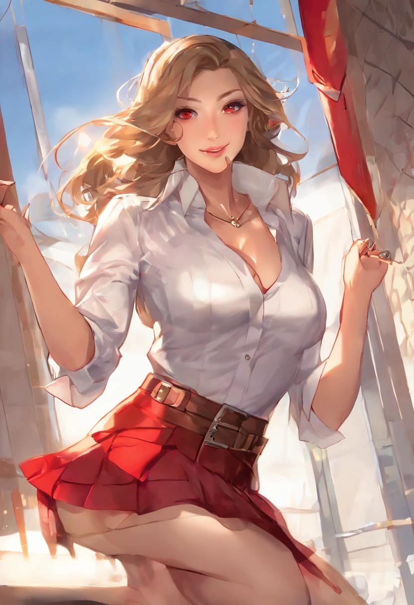 (1girl, ultra realistic, beautiful face, detailed face, raw, best quality, ultra high res, masterpiece, photo realistic:1.4), CG, red bras, purple sexy panties, lace trim, sexy pose, crew socks, (stride), (faded long wavy scarlet hair:1.3), (round breast, small perfect breasts:1.2), looking at viewer, Looking from above, tilting the head upwards, wide-angle, (gold necklace, earrings, bracelet, armlet:1.2), japanese background, (red eyes, glowing eyes:1.2), detailed photograph, Side lighting, dslr, telephoto lens, cinematic lighting, Phase One XF IQ4 150MP, Zoom lens, Neon Light, Canon eos 5d mark 4, 35mm, Disgusting, Lens Flare, Canon RF, L USM, Direct light, Kodak portra 400, F/2. 8, broad lighting, Fujifilm XT3, F/14, dynamic pose, dynamic angles, ( thigh-high stockings, seductive face, wearing glasses, tongue sticking out, eyes wide, plunging neckline, cleavage:1.2), (red pencil skirt, white women's buttoned shirt, open buttoned shirt, arms raised, catwalk, showing one's undergarments, hip sway, skirt up, full body shot, office lady:1.6), perfect slim body, (Showing bras beneath a women's buttoned shirt, perfectly beautiful legs, two hands behind the head:1.8)