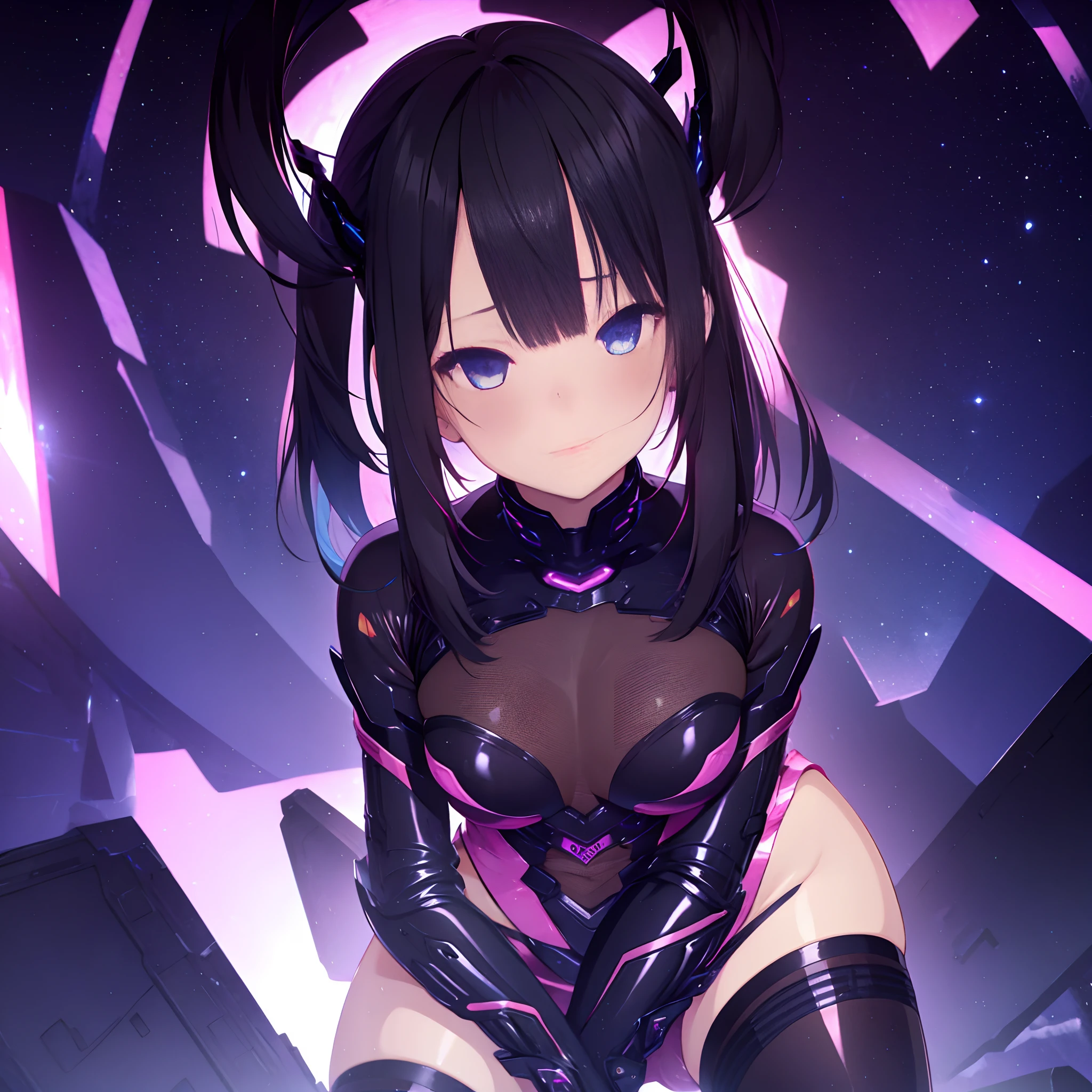 (1 girl), (black hair, pink fringes, long straight hair), ultra detailed blue starry eyes, blush, bodysuit, corrupted, long skirt, (exposed legs), black glossy pantyhose, medium breasts, close-up