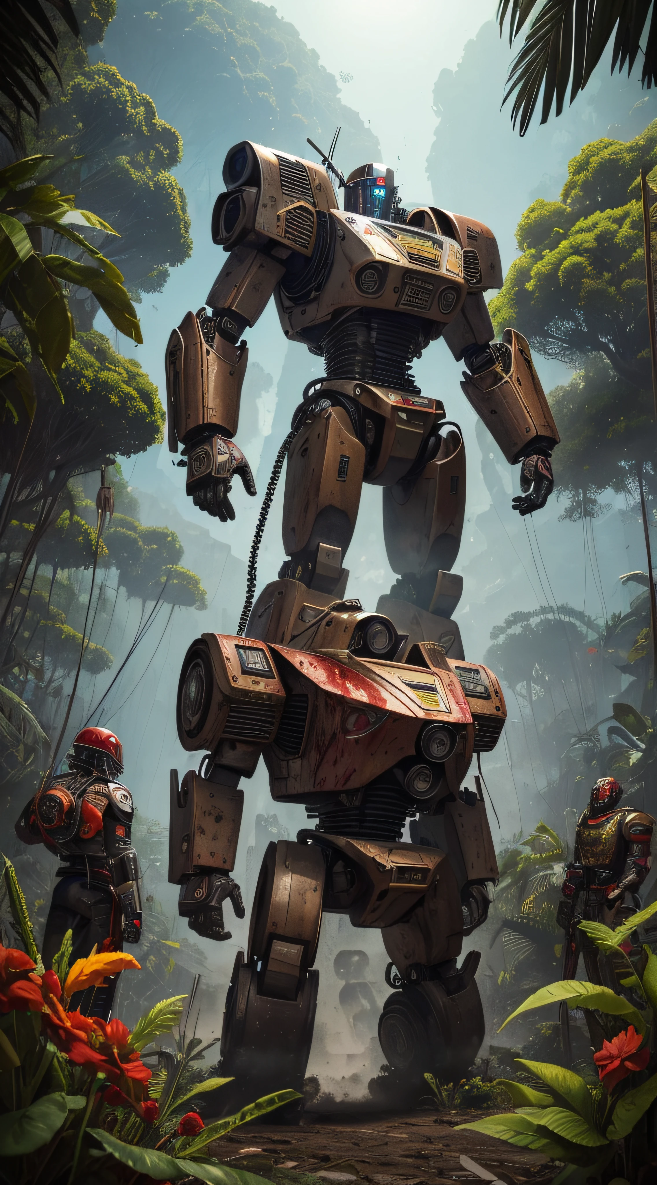 (extremadamente detallado, obra maestra, La mejor calidad, foto antigua, principios de siglo, VHS Aesthetics) Great retro robot with blood in robotic hands. cannons on his back. motosierras. In the middle of a strange jungle. Vegetables from another dimension. Epic flowers far away, organic trees with meat. Light Volumetric