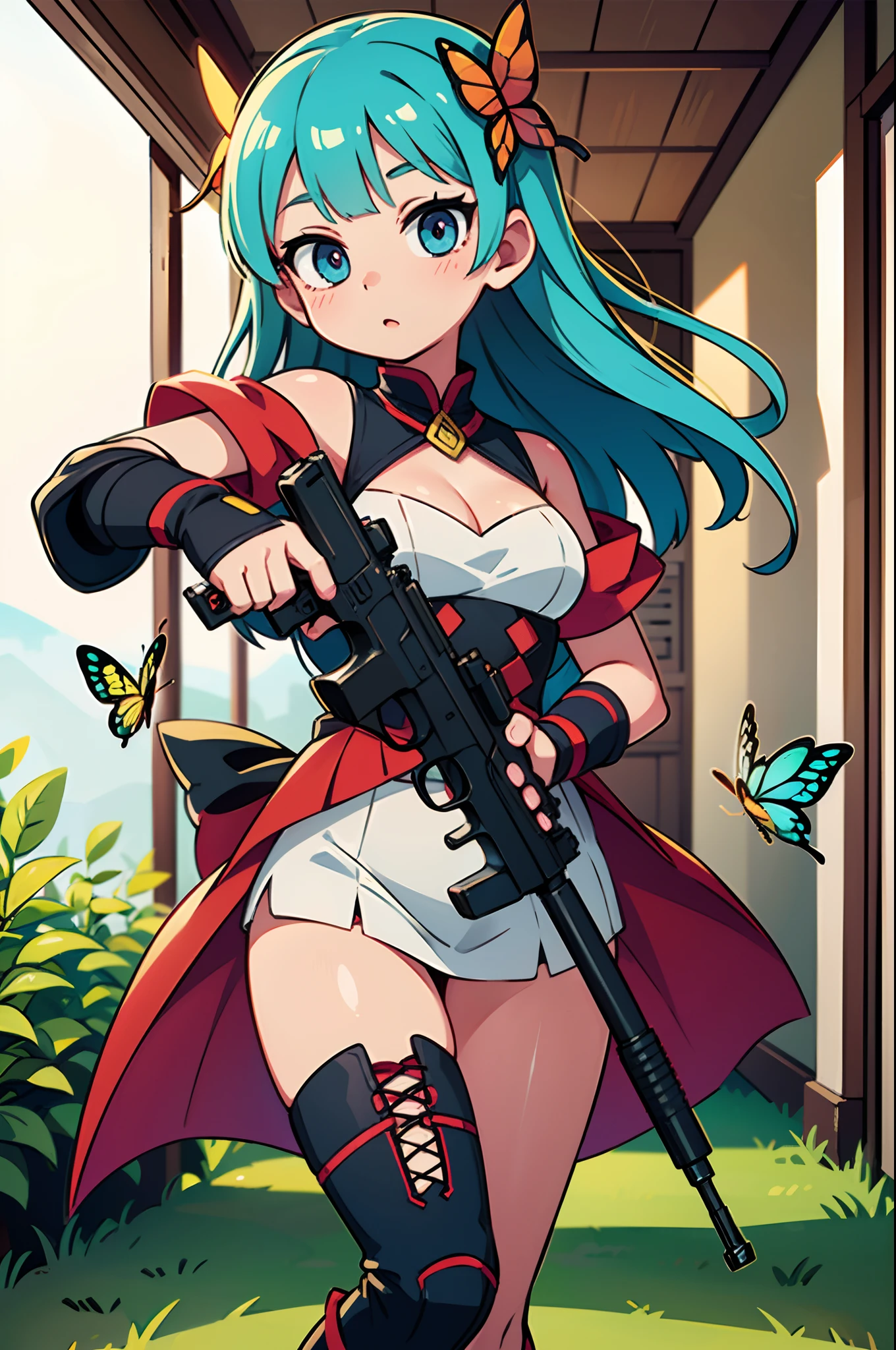 Octane Render、(Hyper-detailing: 1.15)、(Soft light、sharp: 1.2)、photoRealstic、Cute Fantasy Princess、Handgun shooting practice、Fine Pattern Pistol,long boots、ultradetailed eyes、Full Paint、(Floral hair ornament、butterfly hair ornament)、 masutepiece、Anatomically correct、blur、depth of fields