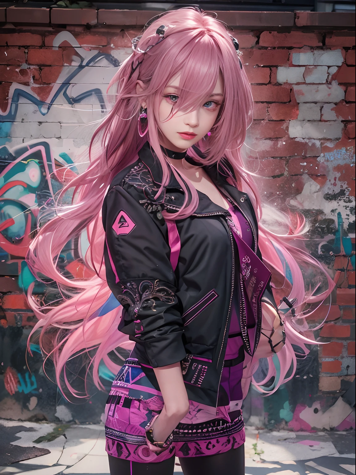 (masterpiece, best quality, 1girl, solo, intricate details, chromatic aberration), realistic, ((medium breath)),long hair, pink hair, red head ornament, pink highlights, hair over one eye,purple eyes, earrings, sharp eyes, choker, neon shirt, open jacket, crop top, (symmetry eyes),(perfect symmetrical body),against wall, brick wall, graffiti, dim lighting, alley ,look at viewer