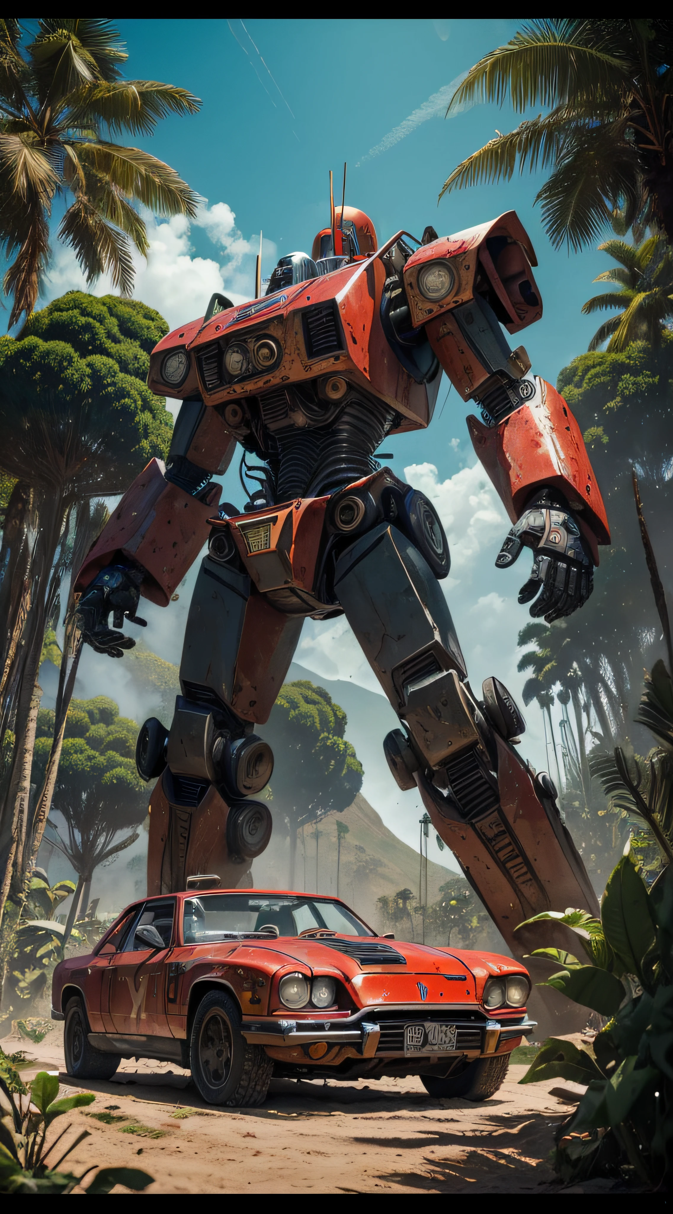 (extremadamente detallado, obra maestra, La mejor calidad, foto antigua, principios de siglo, VHS Aesthetics) Great retro robot with blood in robotic hands. cannons on his back. motosierras. In the middle of a strange jungle. Vegetables from another dimension. Epic flowers far away, organic trees with meat. Light Volumetric