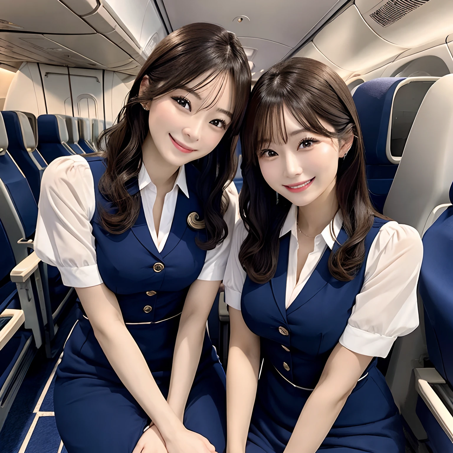 Two cabin attendants rubbing their breasts with smiles、25 years old women、In-flight、8K、Top image quality