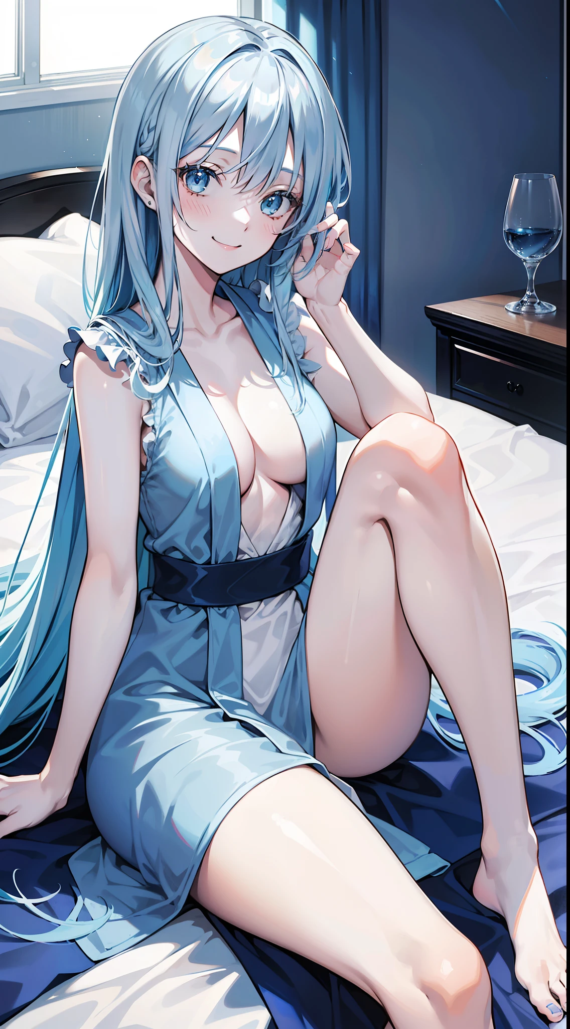 Adult woman, Long light blue hair, blue eyes, Scars, Blue tight robe, Platinum Items, liying on bed, Smile, Masterpiece, hiquality, high detail, HD, 4k
