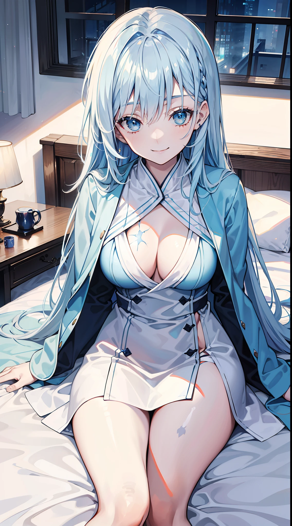 Adult woman, Long light blue hair, blue eyes, Scars, Blue tight robe, Platinum Items, liying on bed, Smile, Masterpiece, hiquality, high detail, HD, 4k