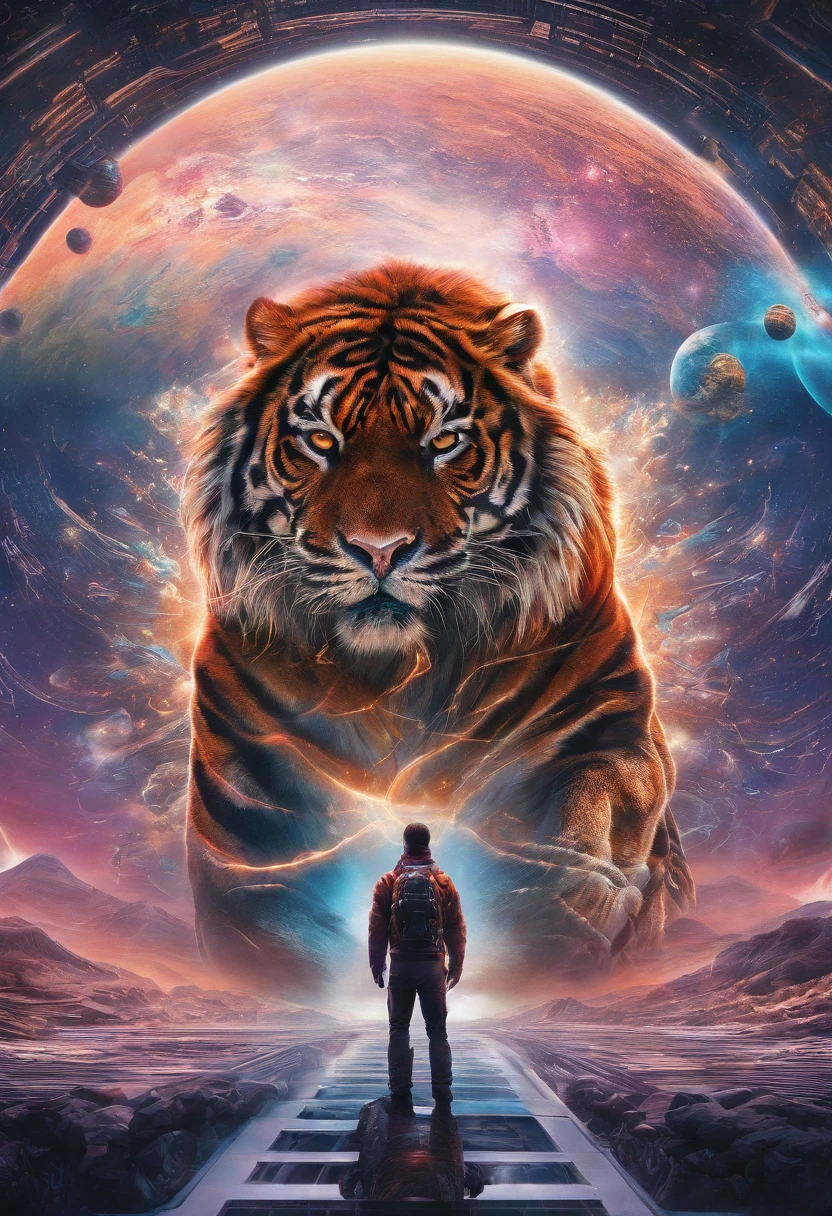 (best quality,4k,highres,masterpiece:1.2),ultra-detailed,(realistic,photorealistic,photo-realistic:1.37),HDR,UHD,studio lighting,ultra-fine painting,sharp focus,physically-based rendering,extreme detail description,professional,vivid colors,bokeh,cinematic,embroidered,evil tiger,fictional animal,equirectangular 360,king of the Planet earth,art by Michael Hutter,35mm photography,film,professional,highly detailed