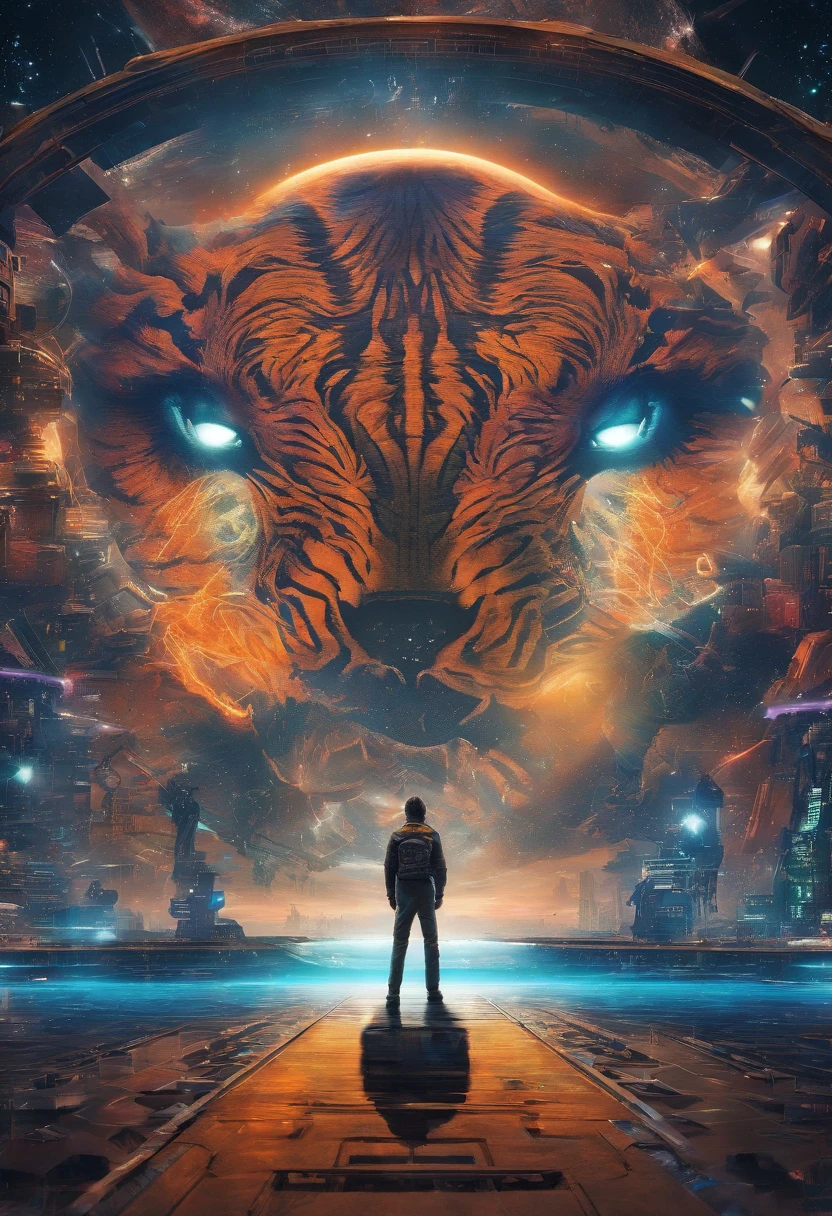(best quality,4k,highres,masterpiece:1.2),ultra-detailed,(realistic,photorealistic,photo-realistic:1.37),HDR,UHD,studio lighting,ultra-fine painting,sharp focus,physically-based rendering,extreme detail description,professional,vivid colors,bokeh,cinematic,embroidered,evil tiger,fictional animal,equirectangular 360,king of the Planet earth,art by Michael Hutter,35mm photography,film,professional,highly detailed
