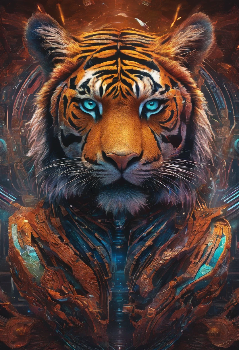 (best quality,4k,highres,masterpiece:1.2),ultra-detailed,(realistic,photorealistic,photo-realistic:1.37),HDR,UHD,studio lighting,ultra-fine painting,sharp focus,physically-based rendering,extreme detail description,professional,vivid colors,bokeh,cinematic,embroidered,evil tiger,fictional animal,equirectangular 360,king of the Planet earth,art by Michael Hutter,35mm photography,film,professional,highly detailed